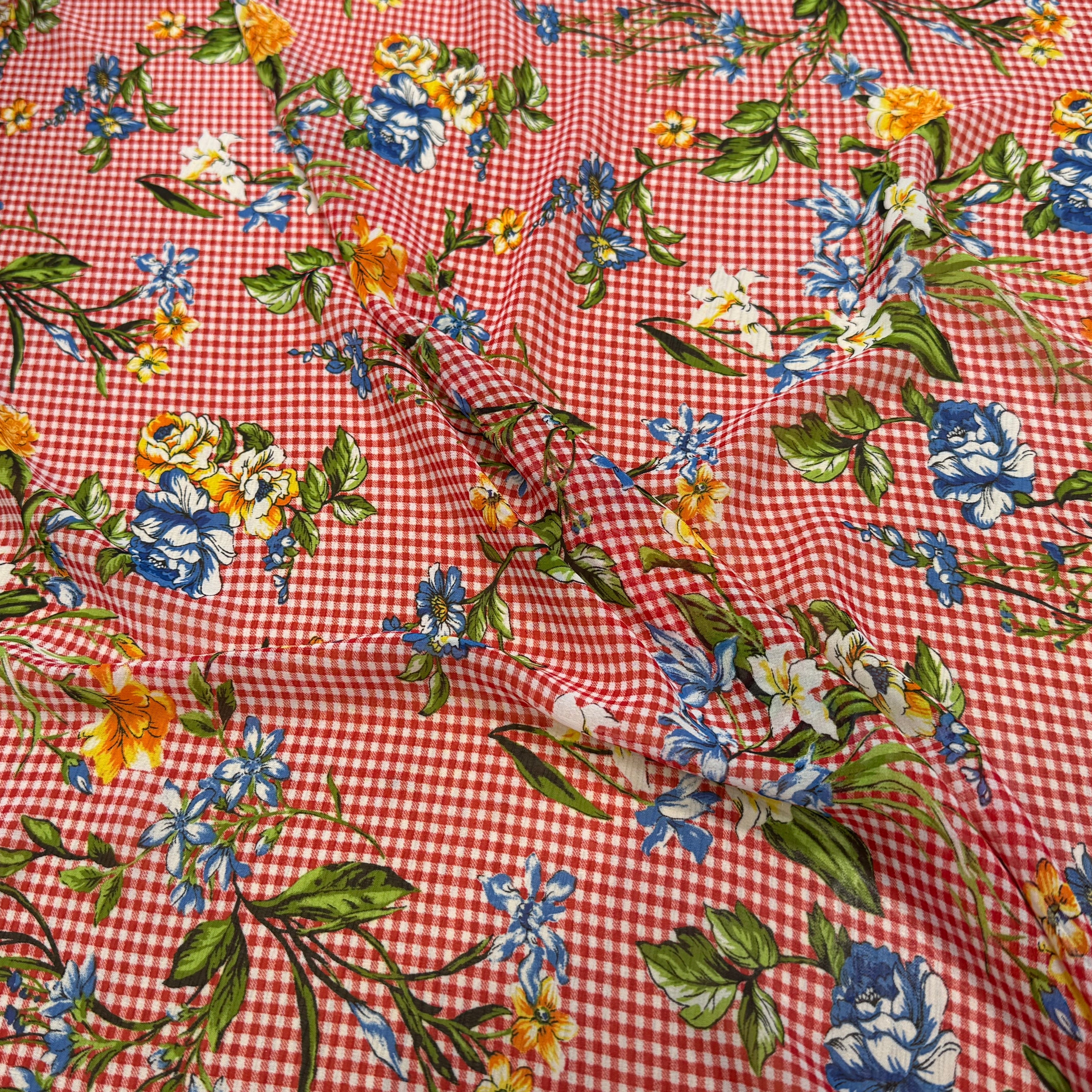 CHIFFON VICHY ROUGE FLUIDE GROSSES FLEURS SUPER BEAU - My Little Coupon