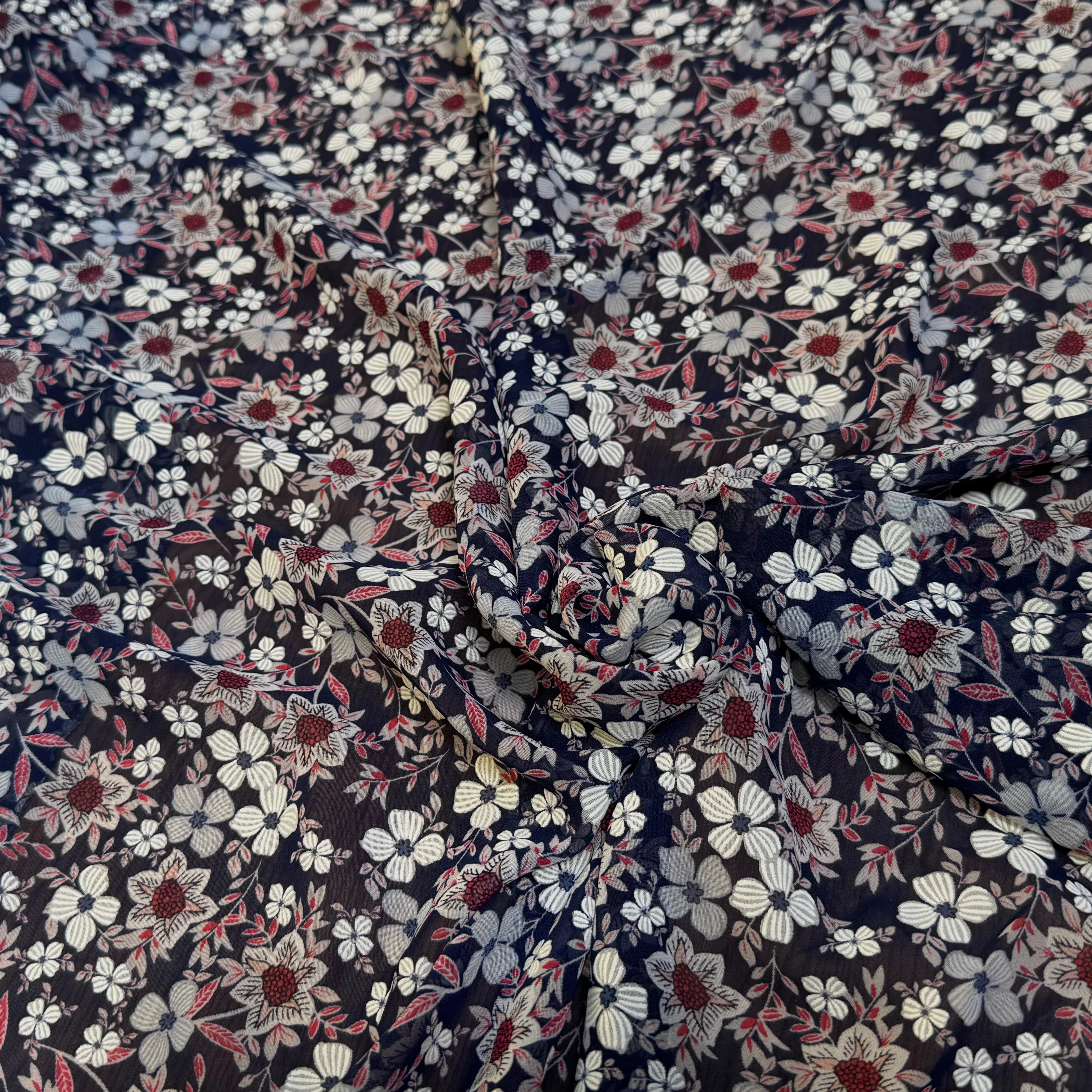 CHIFFON PRINTED JOLIES FLEURS FOND NAVY - My Little Coupon