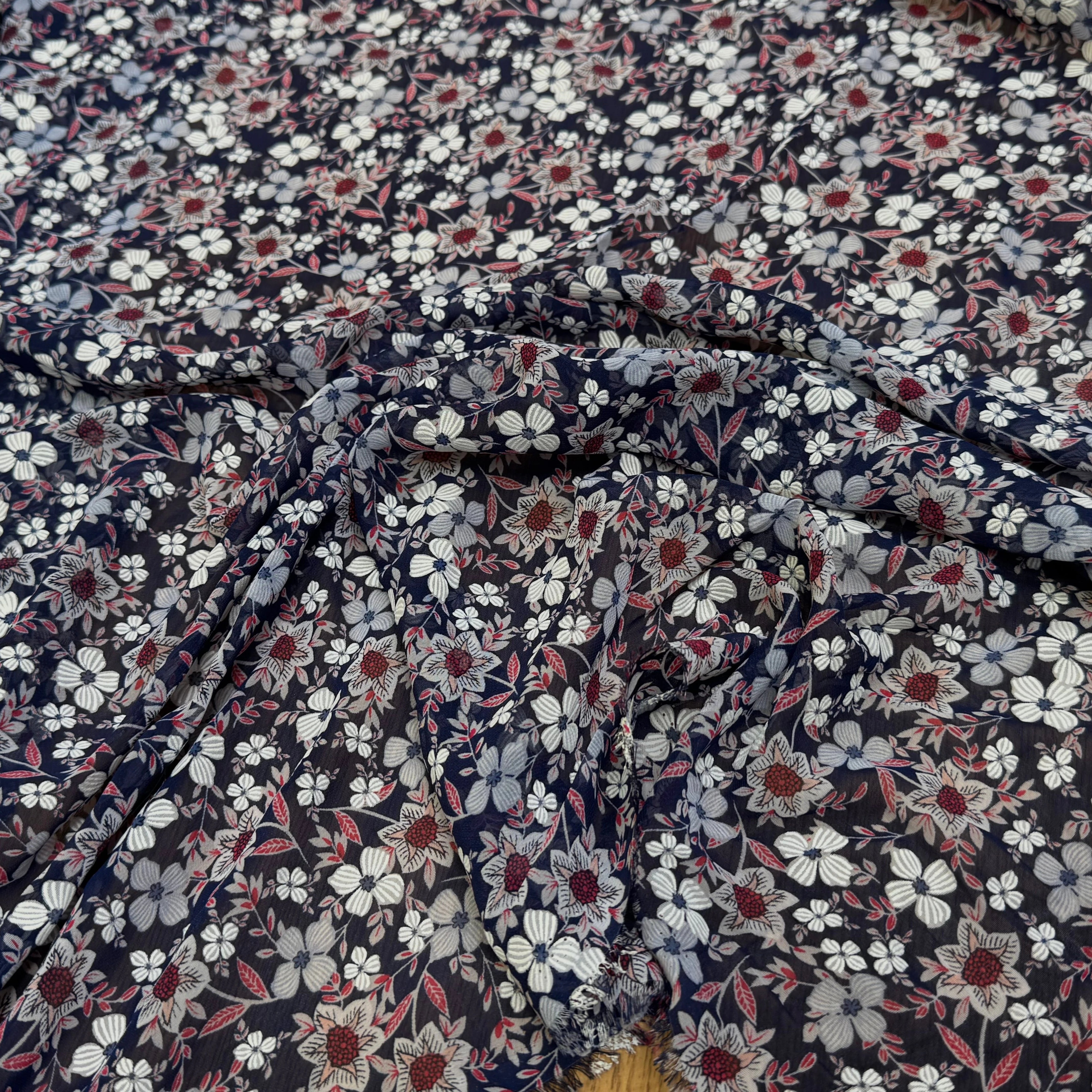 CHIFFON PRINTED JOLIES FLEURS FOND NAVY - My Little Coupon