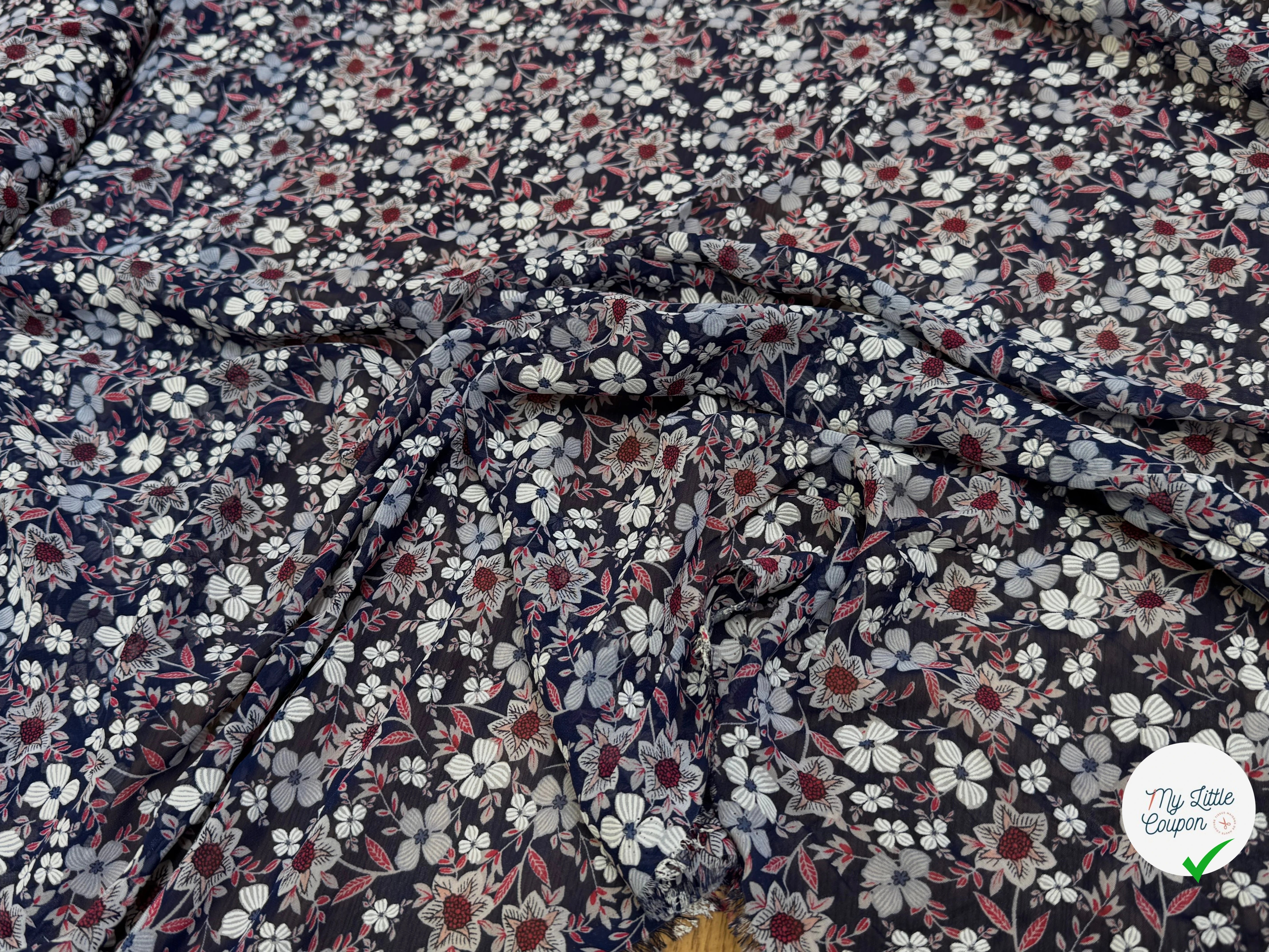 CHIFFON PRINTED JOLIES FLEURS FOND NAVY - My Little Coupon