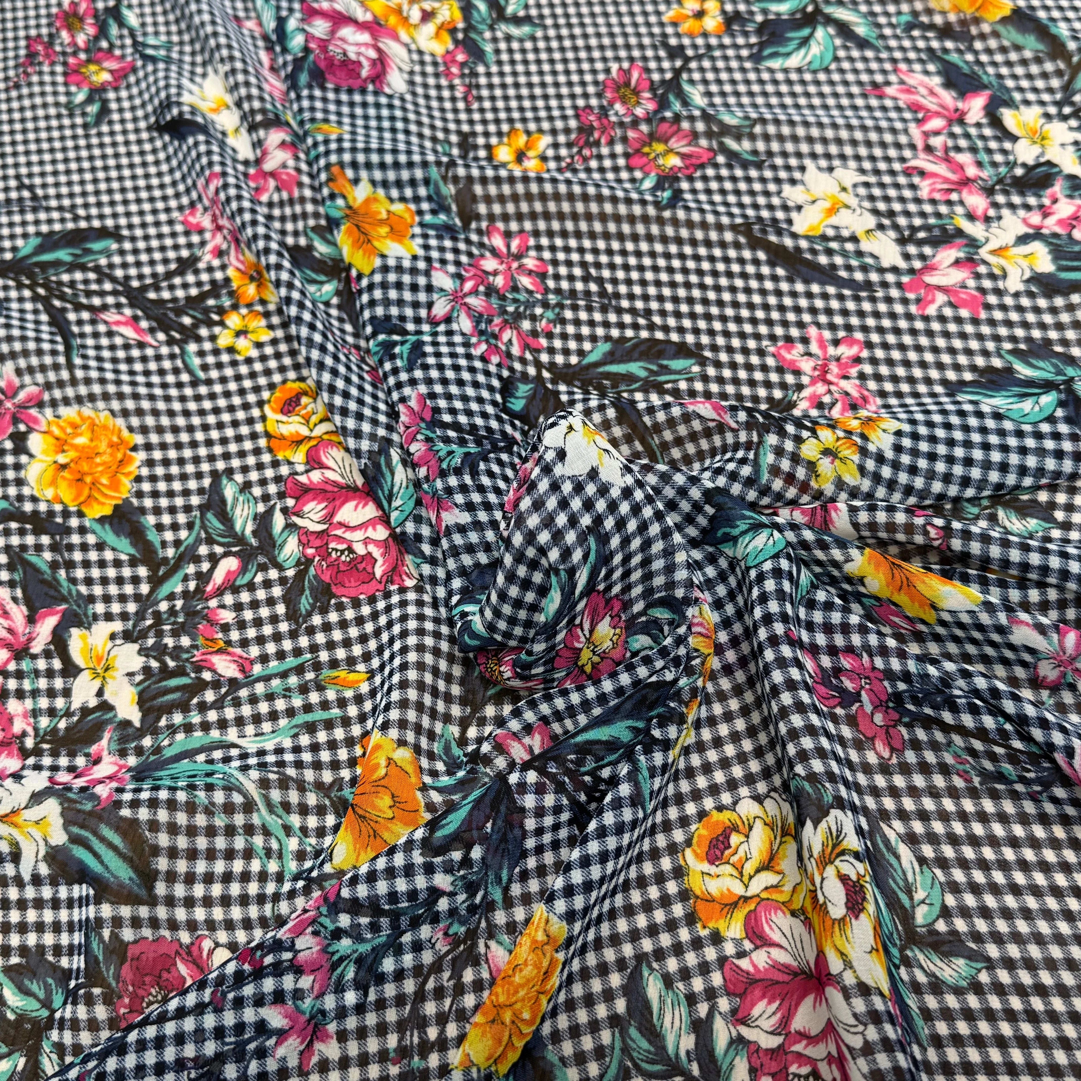 CHIFFON VICHY BLEU FLUIDE GROSSES FLEURS SUPER BEAU - My Little Coupon
