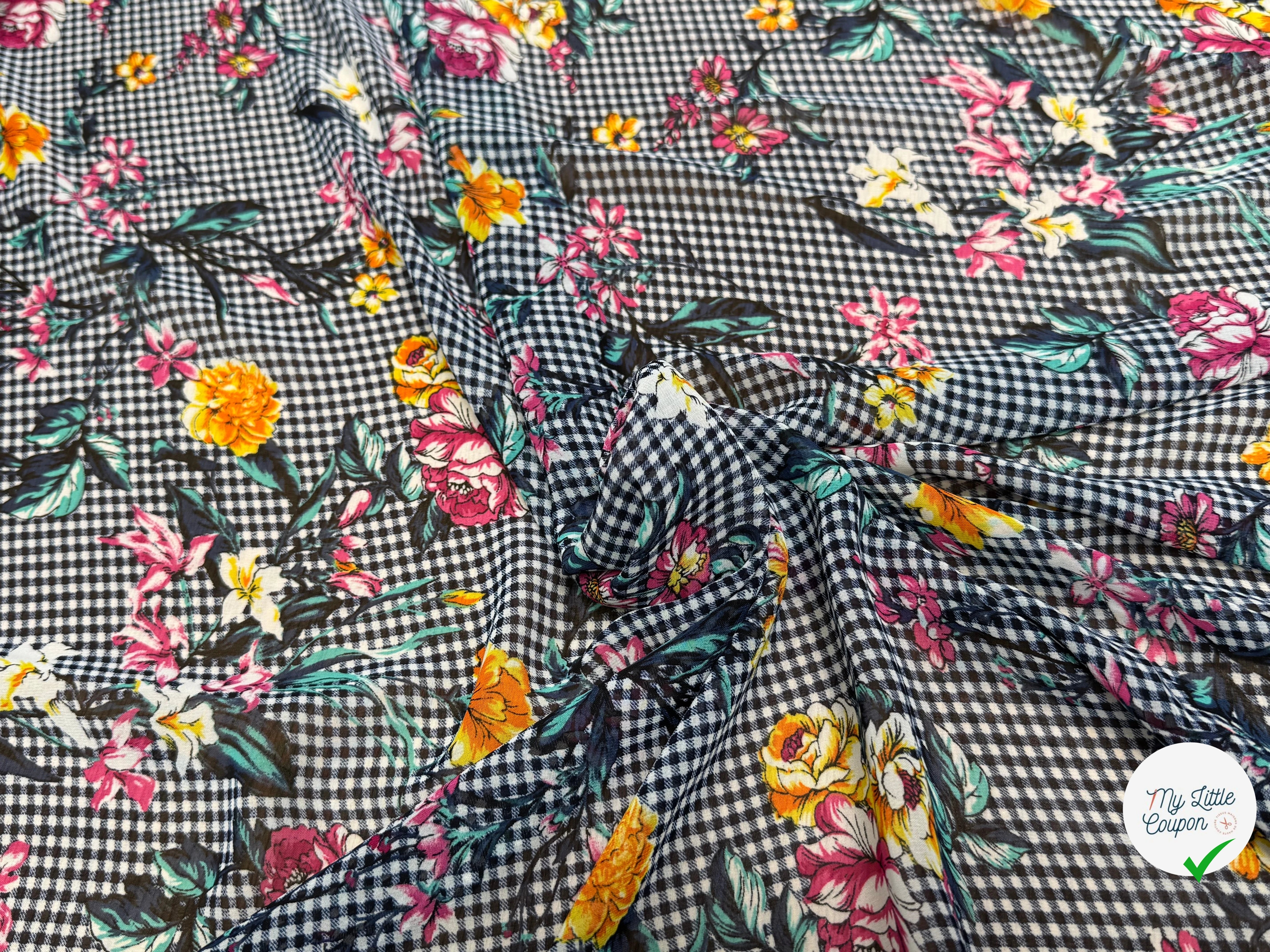 CHIFFON VICHY BLEU FLUIDE GROSSES FLEURS SUPER BEAU - My Little Coupon