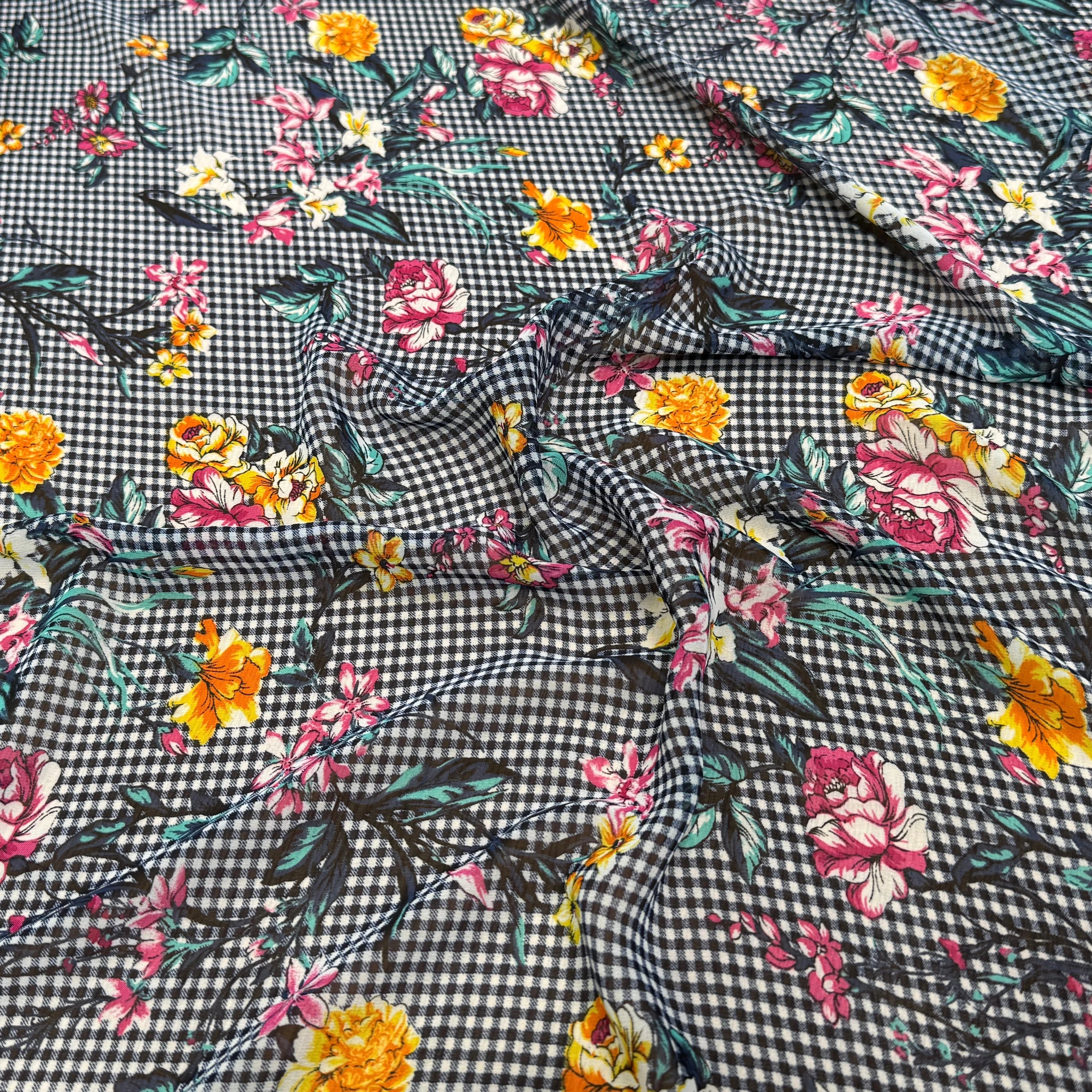 CHIFFON VICHY BLEU FLUIDE GROSSES FLEURS SUPER BEAU - My Little Coupon