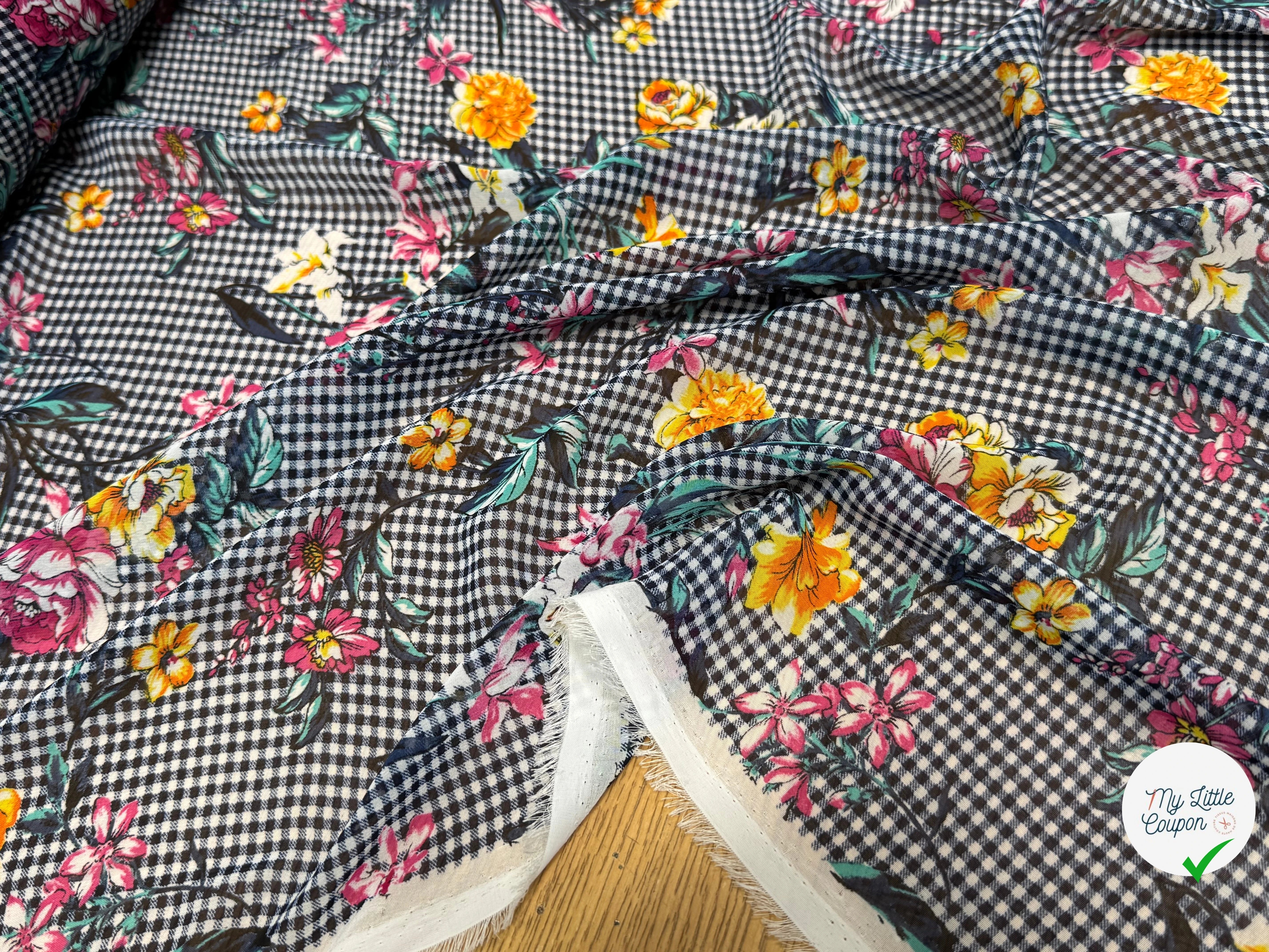 CHIFFON VICHY BLEU FLUIDE GROSSES FLEURS SUPER BEAU - My Little Coupon