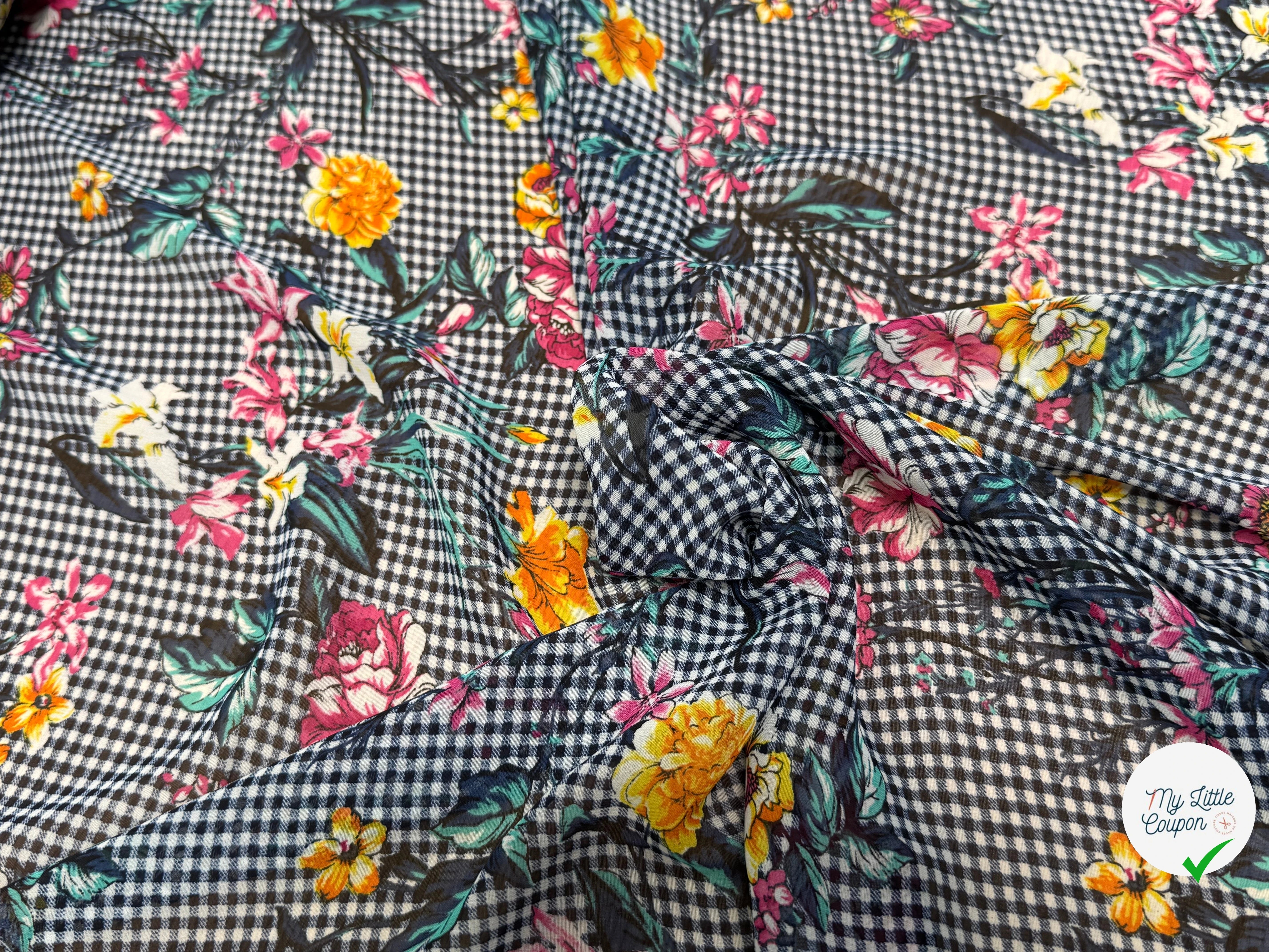 CHIFFON VICHY BLEU FLUIDE GROSSES FLEURS SUPER BEAU - My Little Coupon