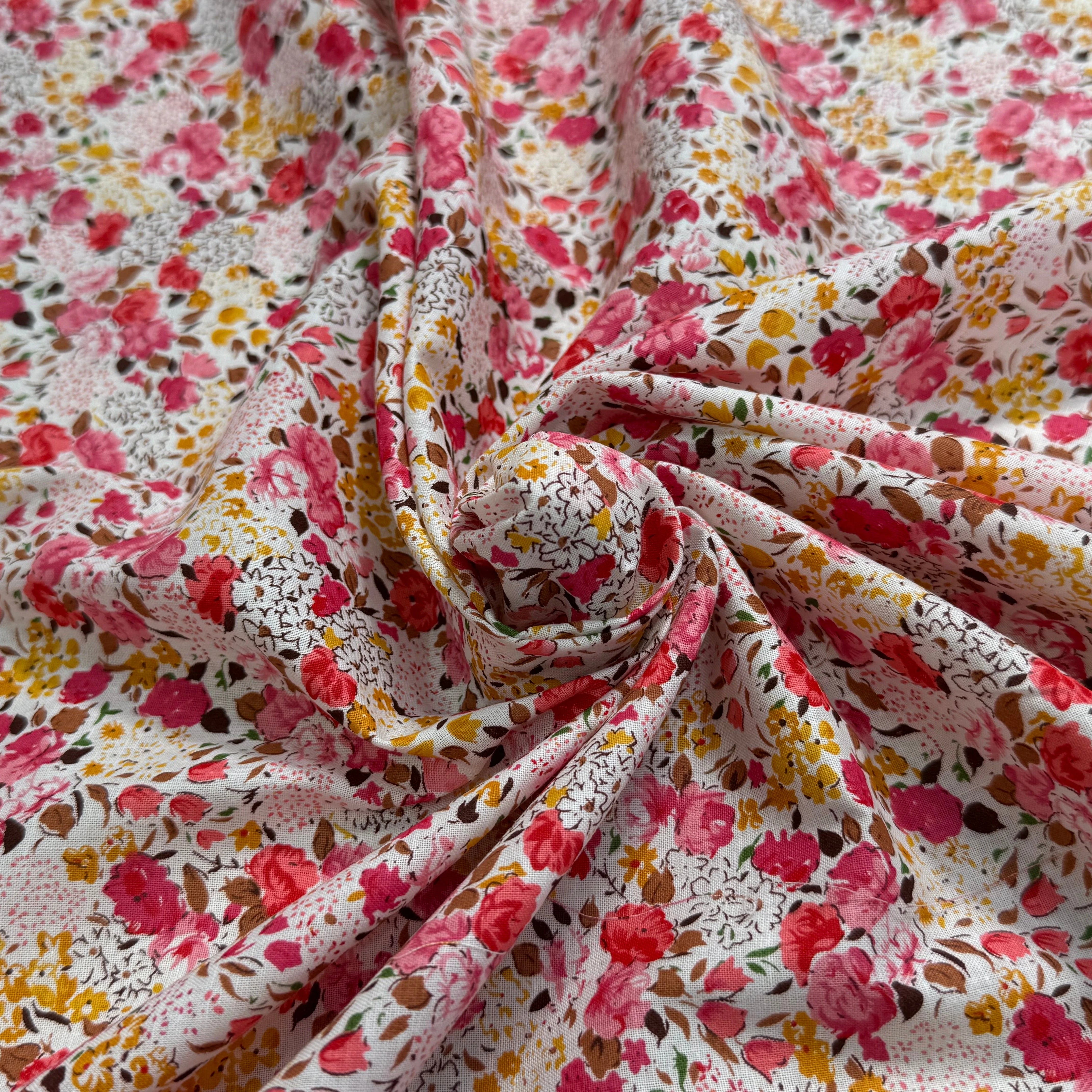 COTON À FLEURS FOND BLANC ROSE ORANGE - My Little Coupon