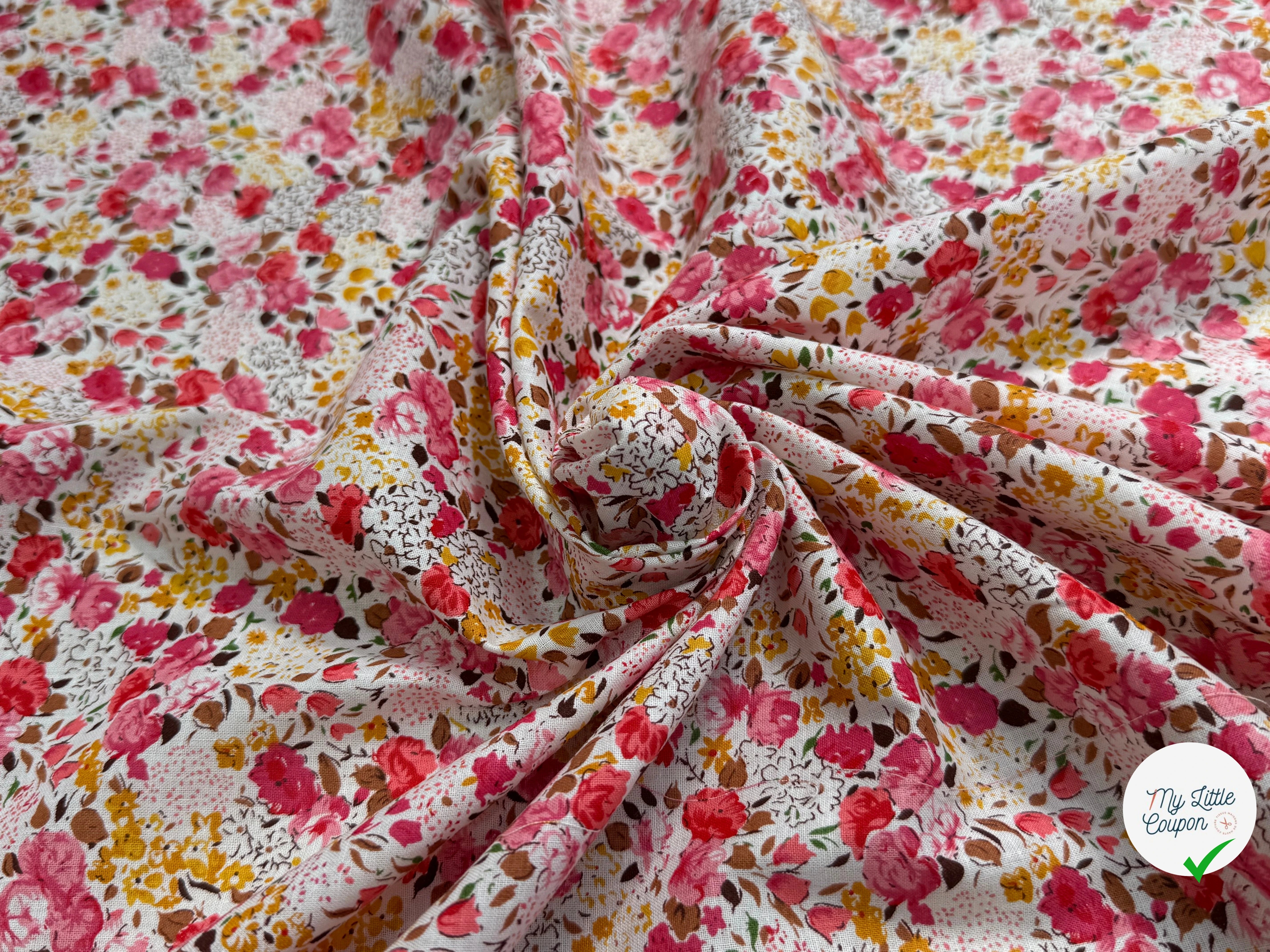 COTON À FLEURS FOND BLANC ROSE ORANGE - My Little Coupon