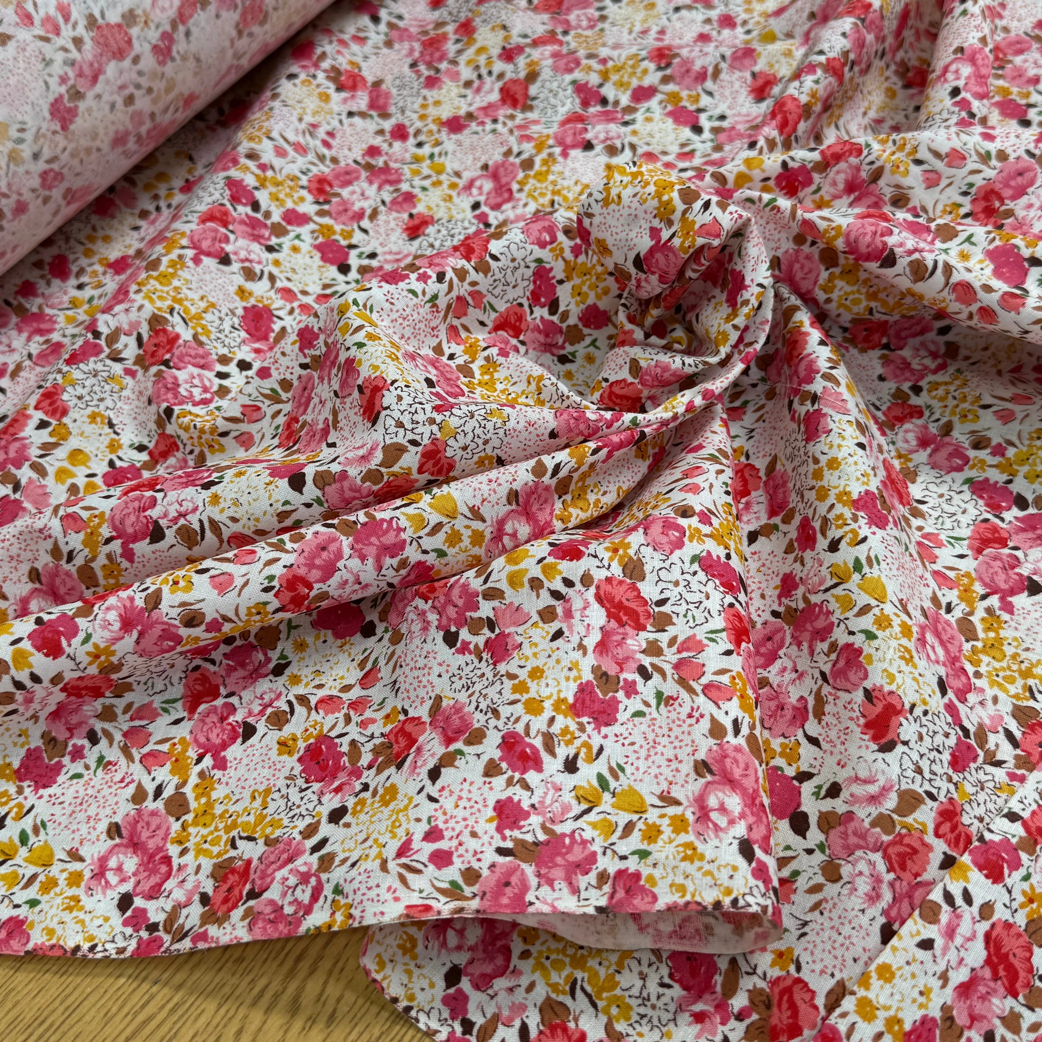 COTON À FLEURS FOND BLANC ROSE ORANGE - My Little Coupon