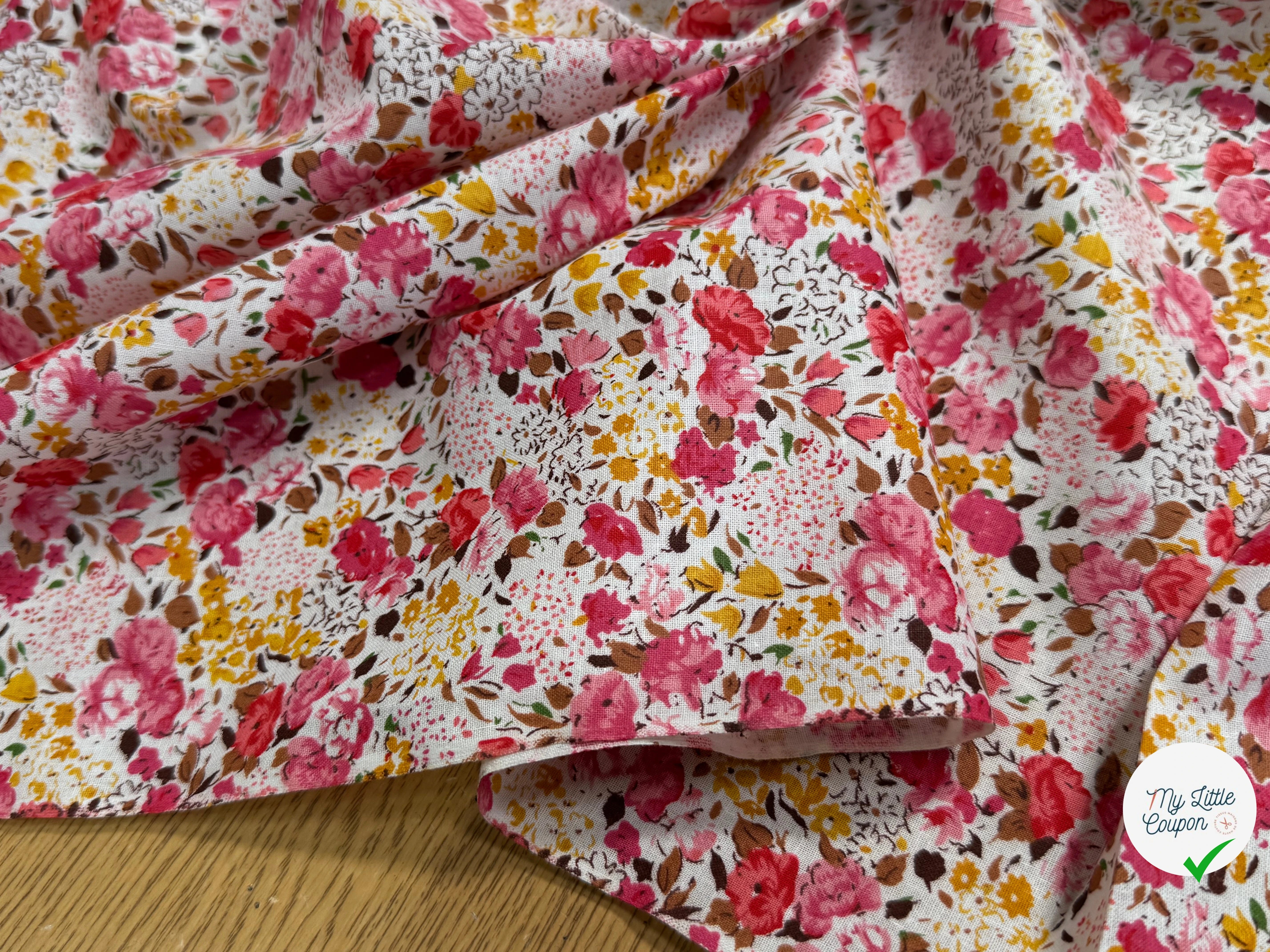 COTON À FLEURS FOND BLANC ROSE ORANGE - My Little Coupon