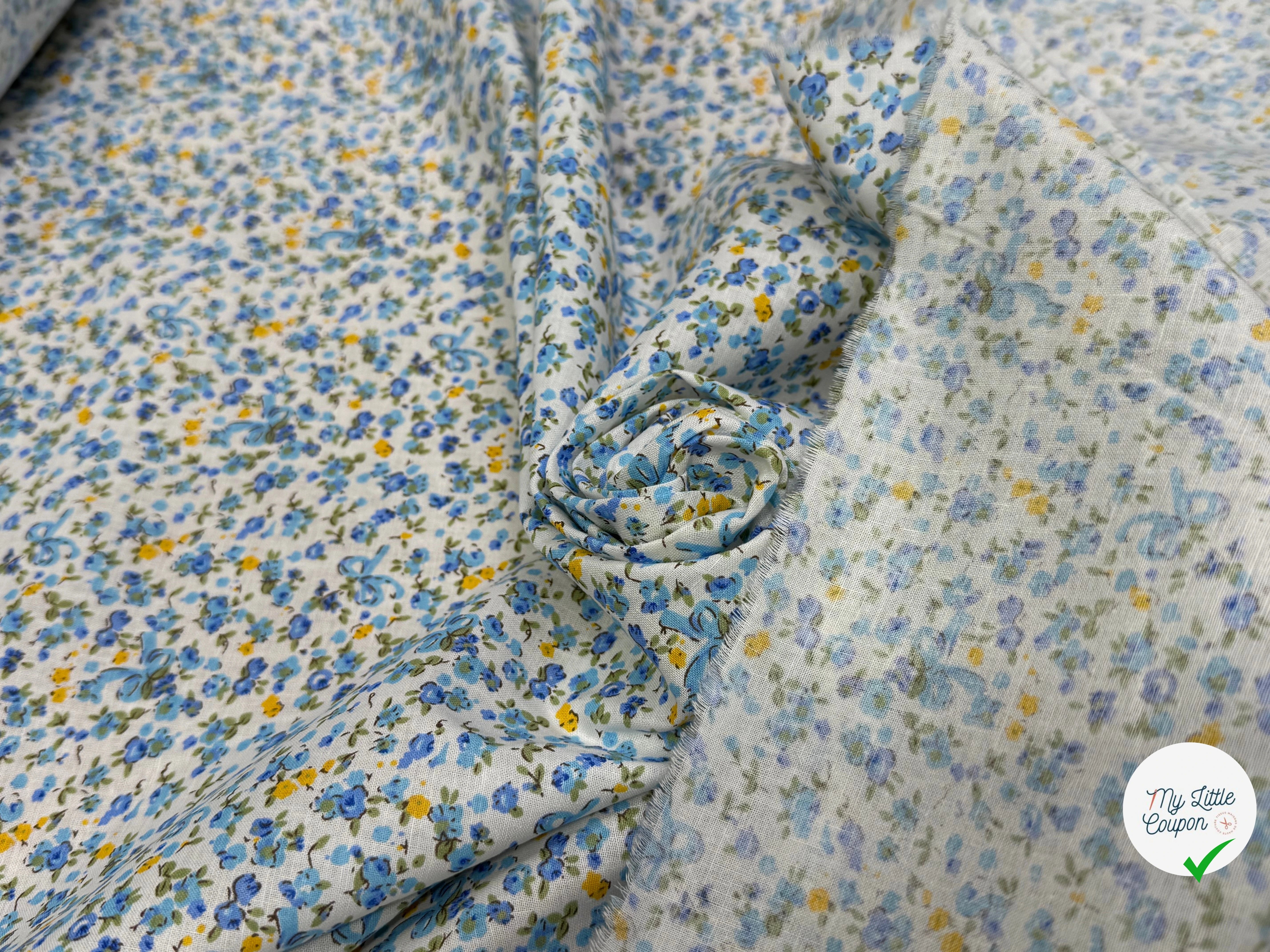 COTON FLEURS JAUNE BLEU FOND BLANC - My Little Coupon
