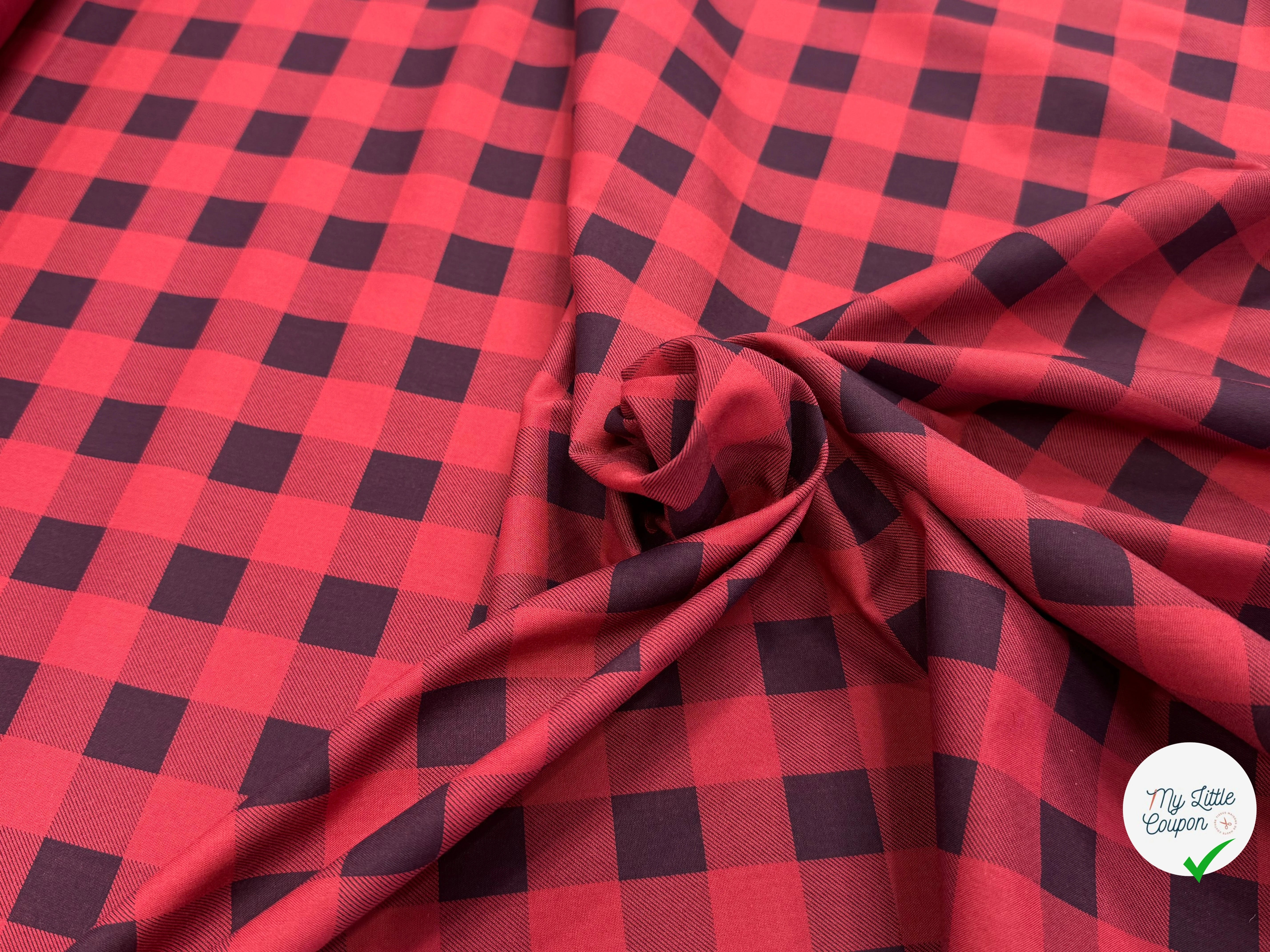 COTON LEGREMENT GRATTÉ À CARREAUX ROUGE ET NOIR ANTHRACITE 90% COTON - My Little Coupon