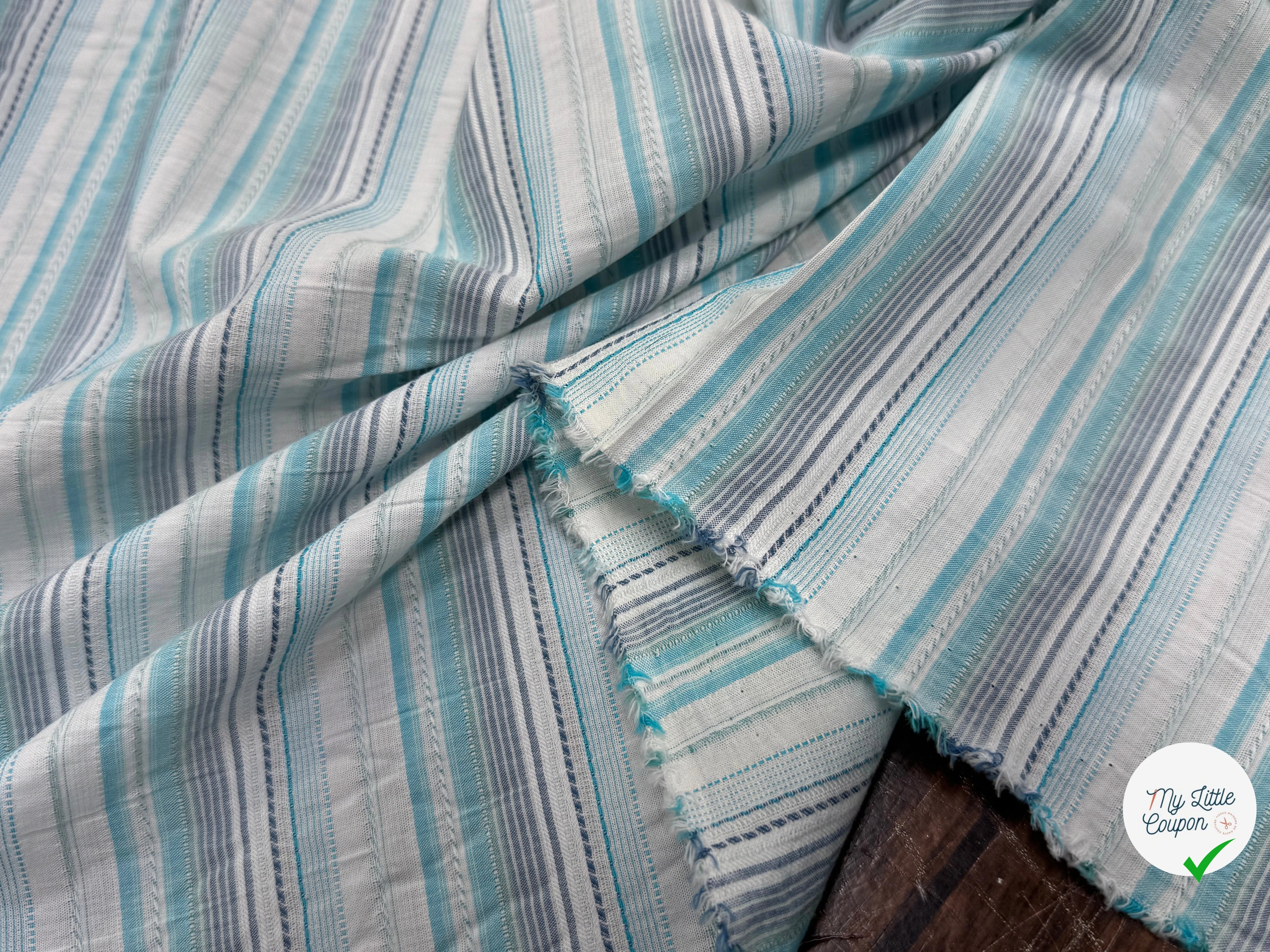 COTON SEMI-GAUFFRÉ À RAYURES TISSÉES BLEU BLANC - My Little Coupon