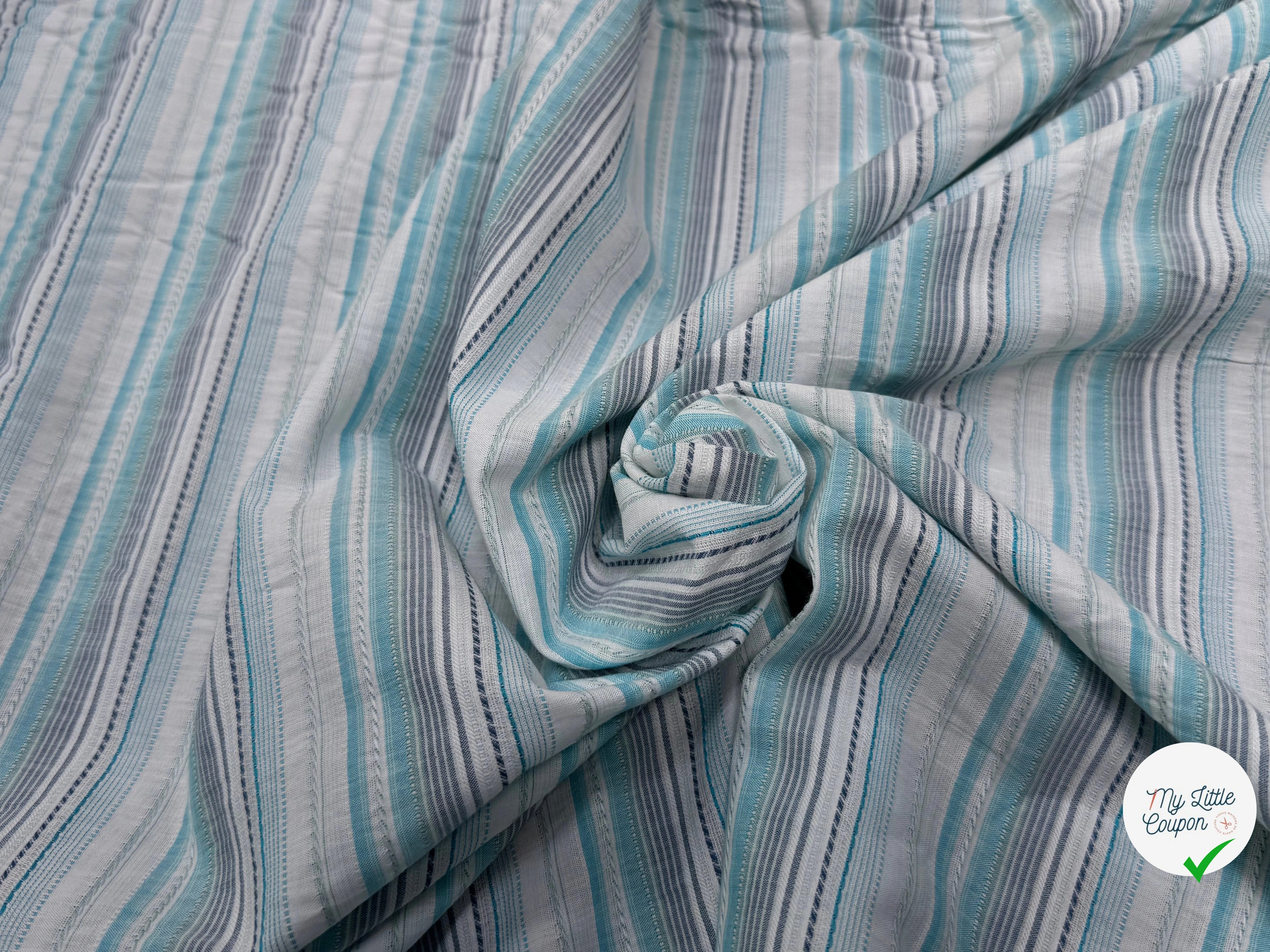 COTON SEMI-GAUFFRÉ À RAYURES TISSÉES BLEU BLANC - My Little Coupon