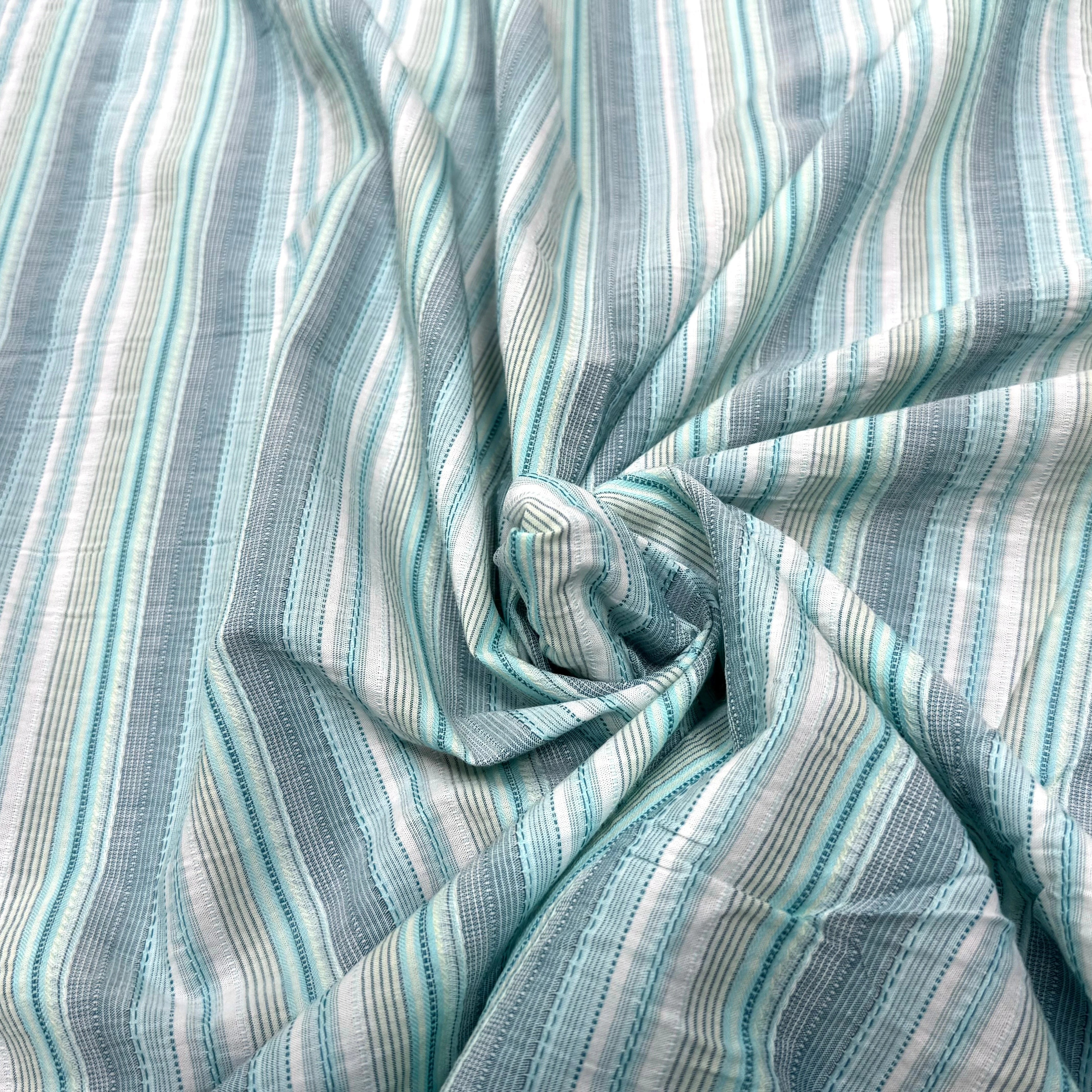 COTON SEMI-GAUFFRÉ À RAYURES TISSÉES BLEU VERT - My Little Coupon