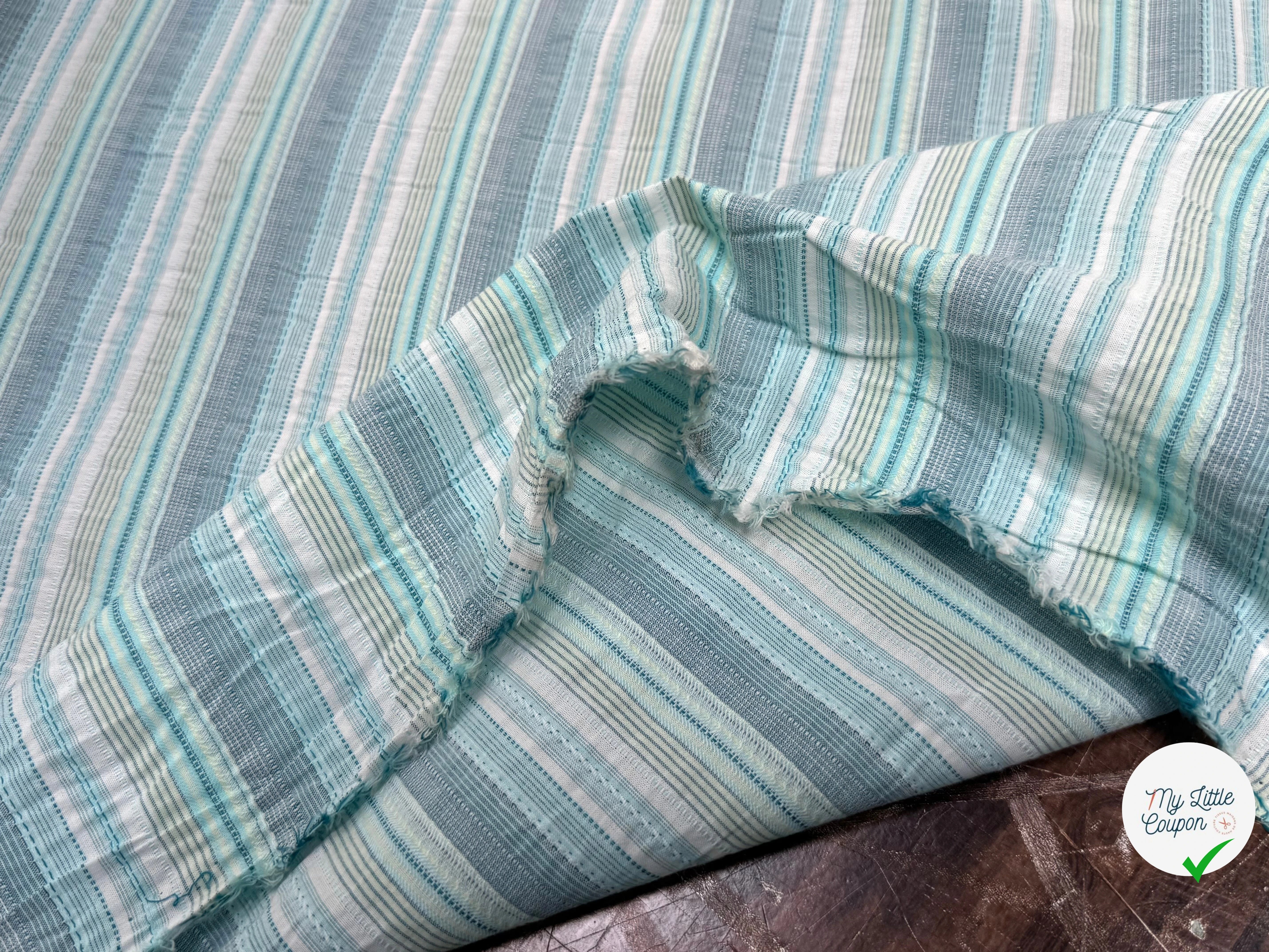 COTON SEMI-GAUFFRÉ À RAYURES TISSÉES BLEU VERT - My Little Coupon