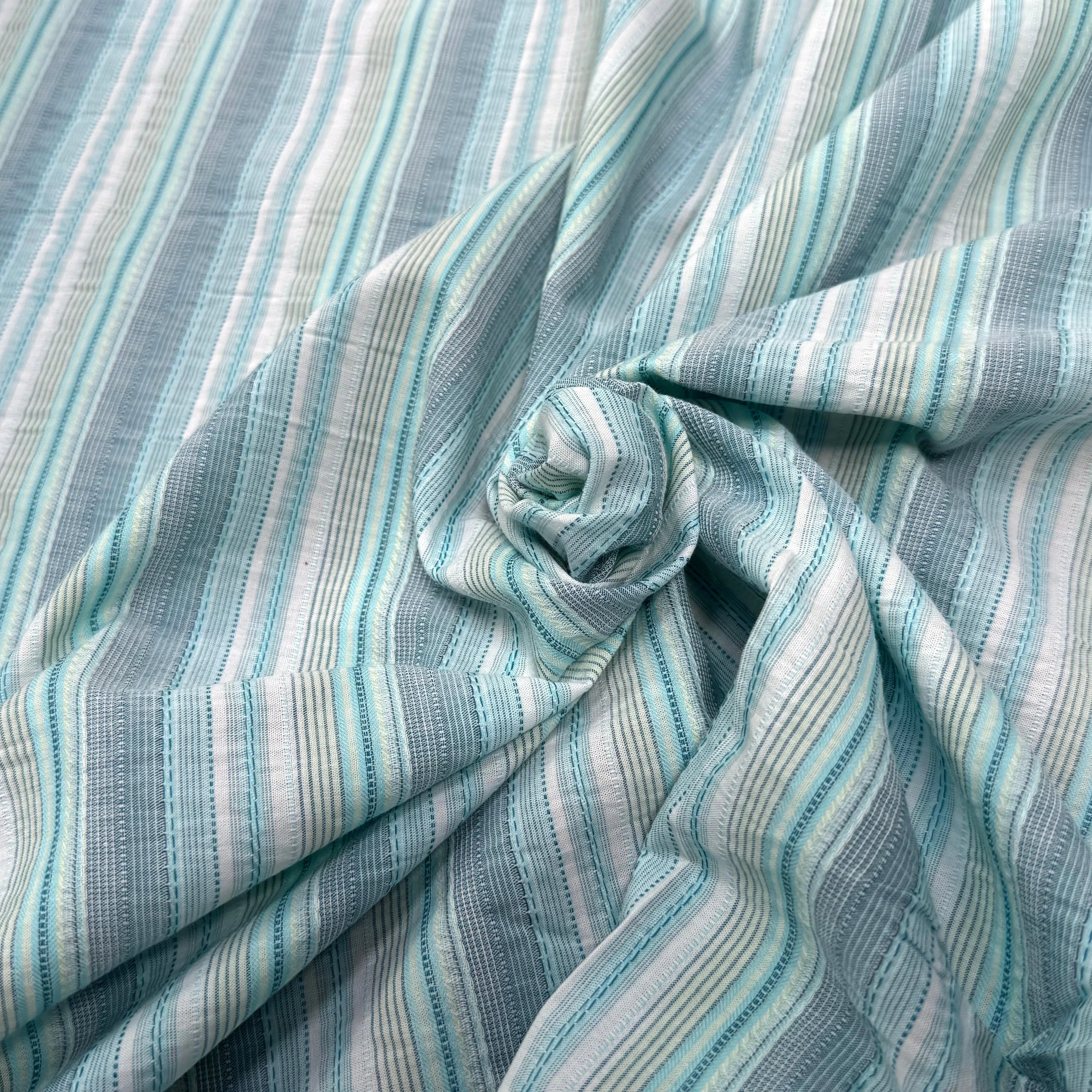 COTON SEMI-GAUFFRÉ À RAYURES TISSÉES BLEU VERT - My Little Coupon