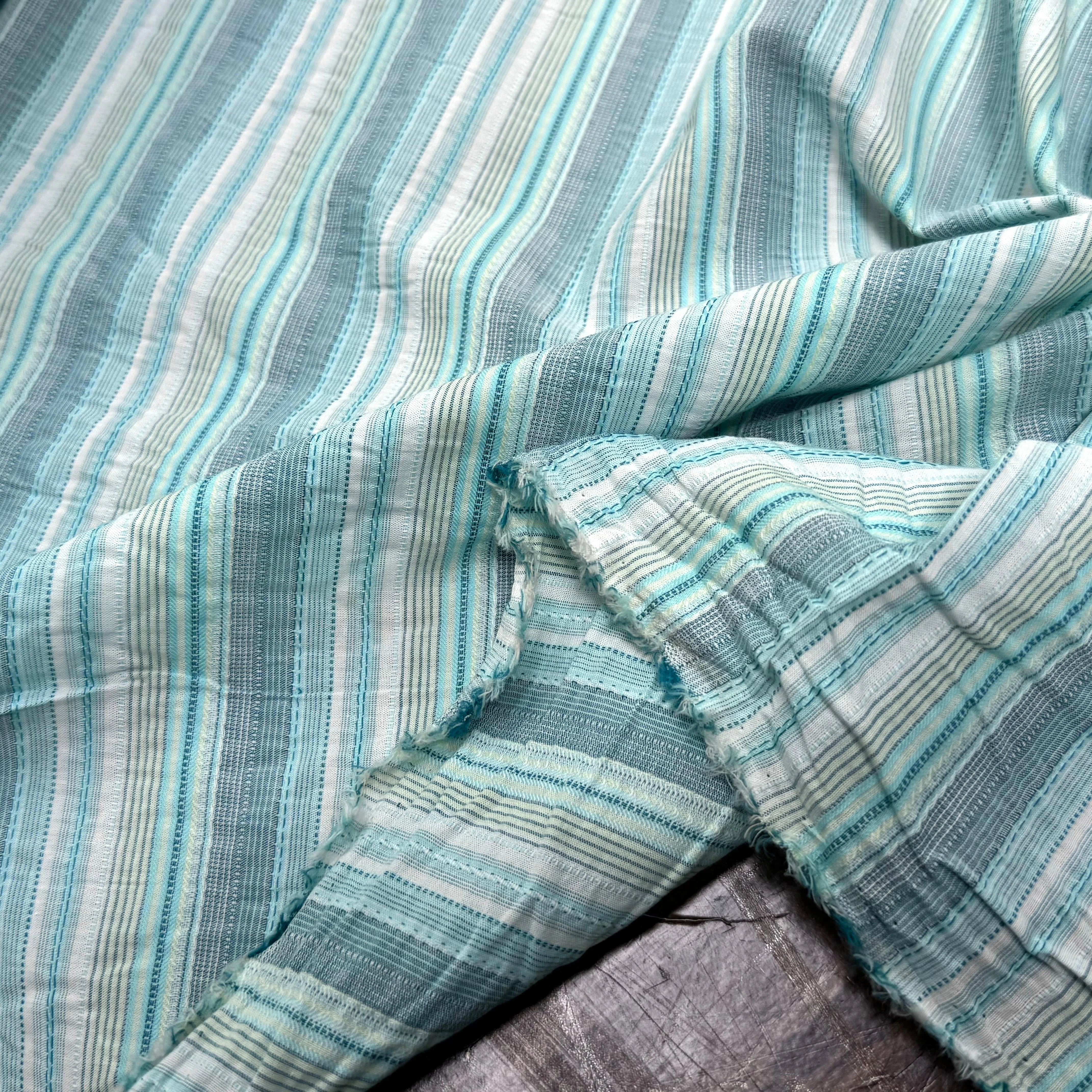 COTON SEMI-GAUFFRÉ À RAYURES TISSÉES BLEU VERT - My Little Coupon