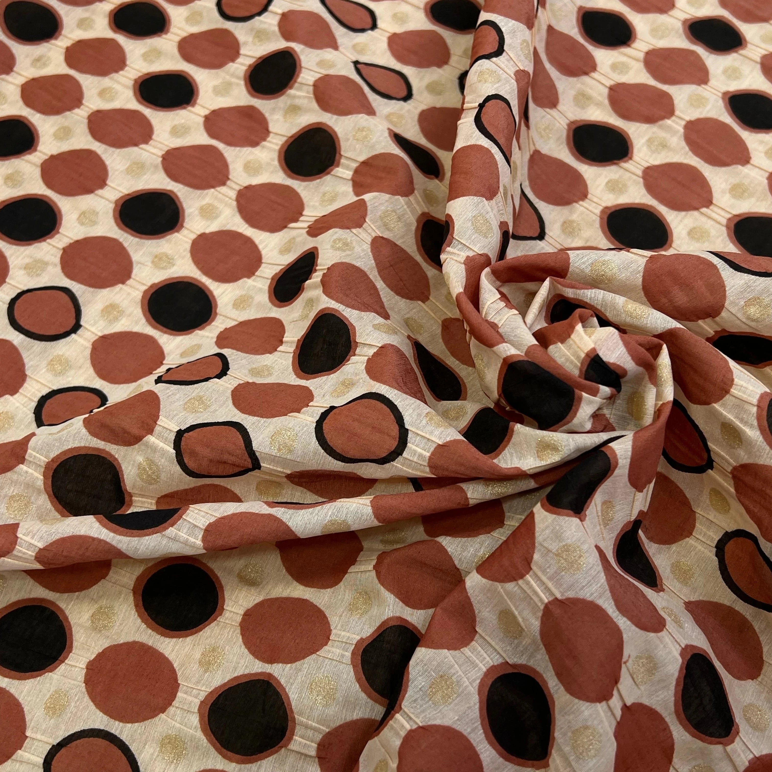 COTON SOIE FOND BEIGE MOTIF CERCLES MARRON ET NOIR POIDS OR BRILLANT 30% SOIE - My Little Coupon