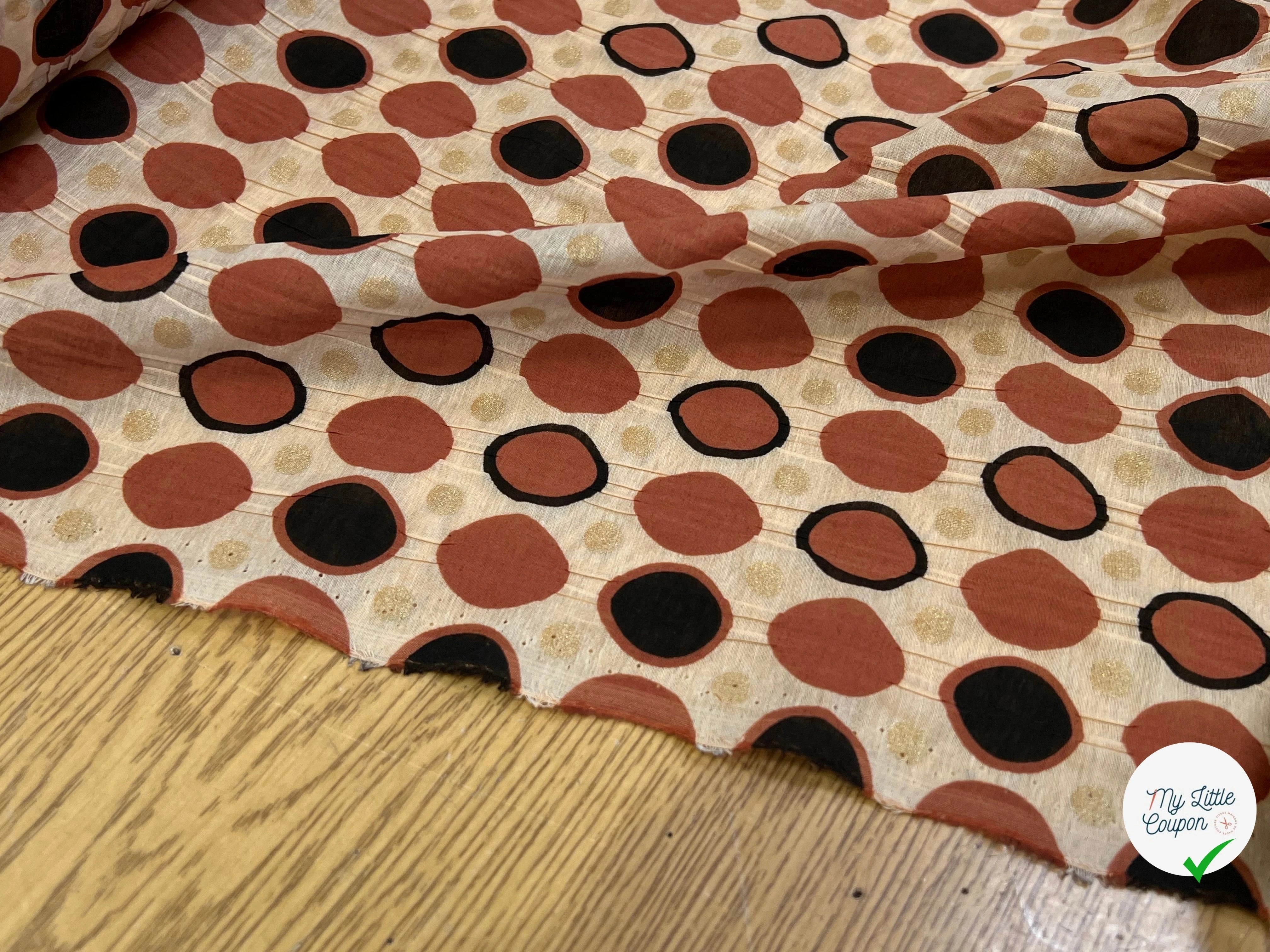 COTON SOIE FOND BEIGE MOTIF CERCLES MARRON ET NOIR POIDS OR BRILLANT 30% SOIE - My Little Coupon
