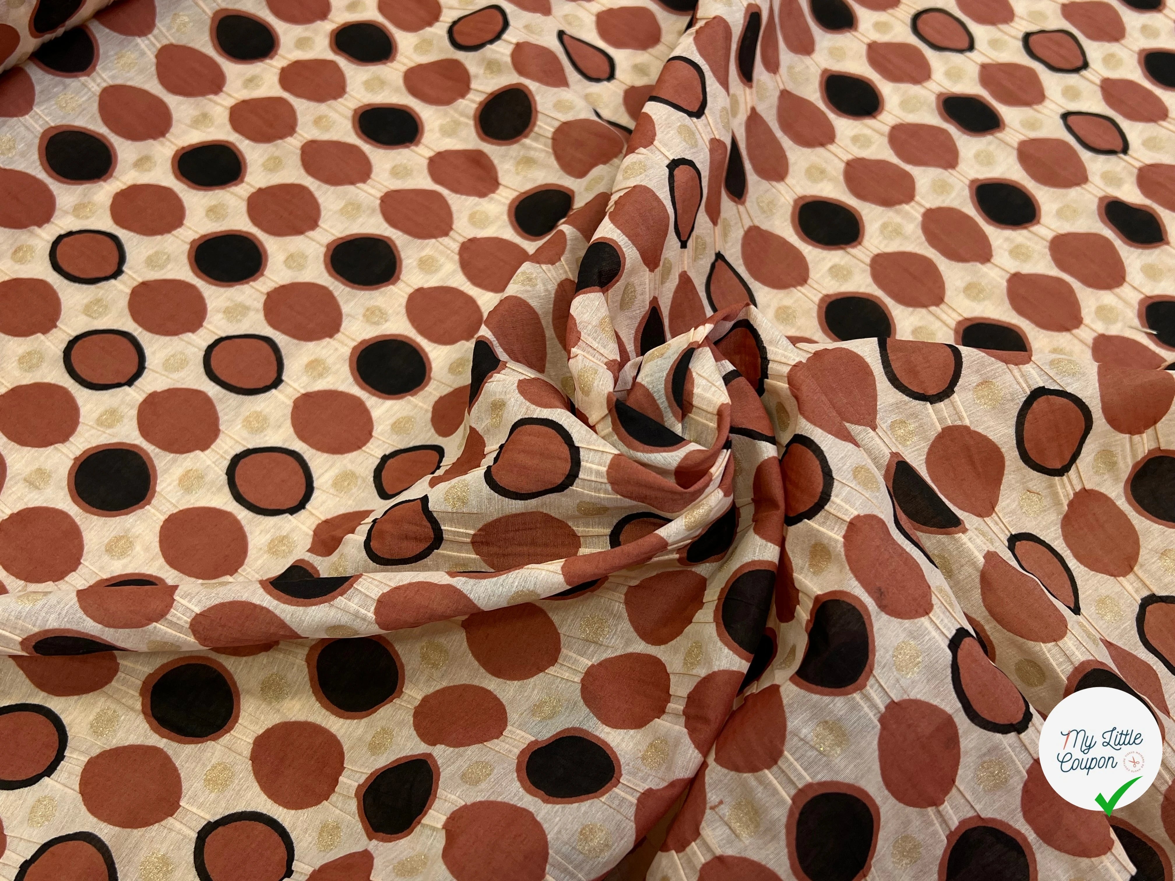 COTON SOIE FOND BEIGE MOTIF CERCLES MARRON ET NOIR POIDS OR BRILLANT 30% SOIE - My Little Coupon