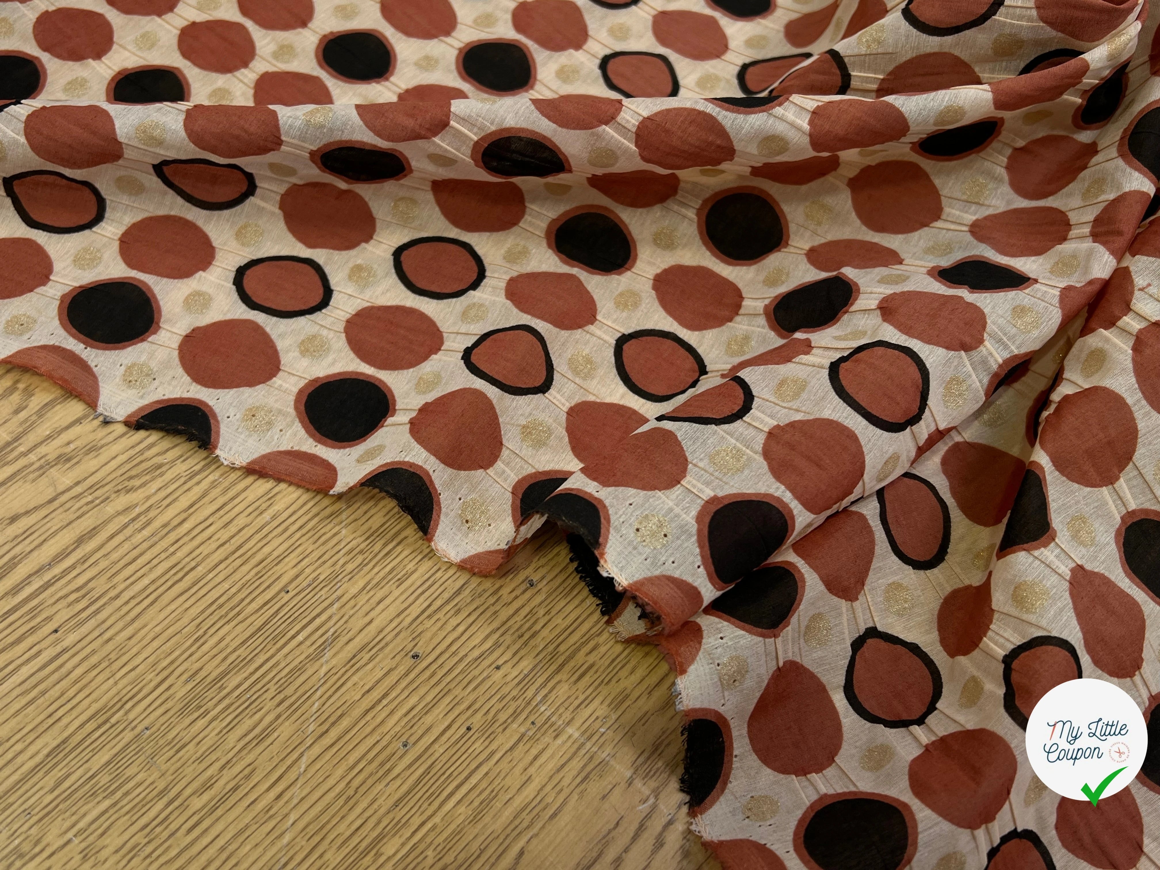 COTON SOIE FOND BEIGE MOTIF CERCLES MARRON ET NOIR POIDS OR BRILLANT 30% SOIE - My Little Coupon