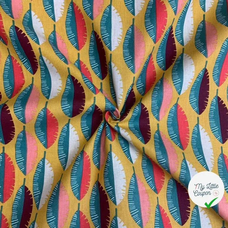 COTONNADE IMPRIMÉE FEUILLES MULTICOLORE FOND MOUTARDE - My Little Coupon - tissu - coudre
