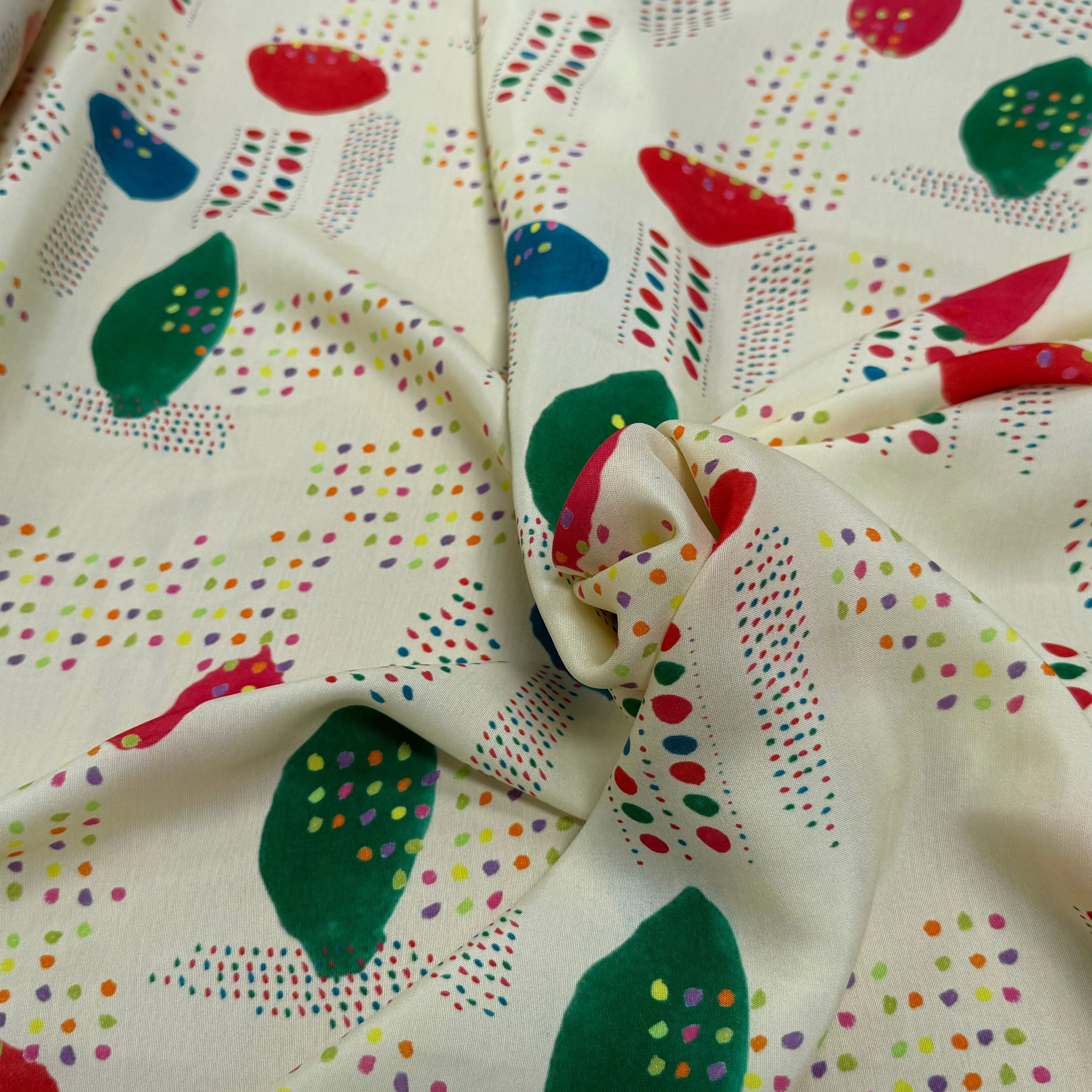 CRÊPE DE VISCOSE ÉCRU IMPRIMÉ POIS MULTICOLORES FANTASY DISPATCH - My Little Coupon