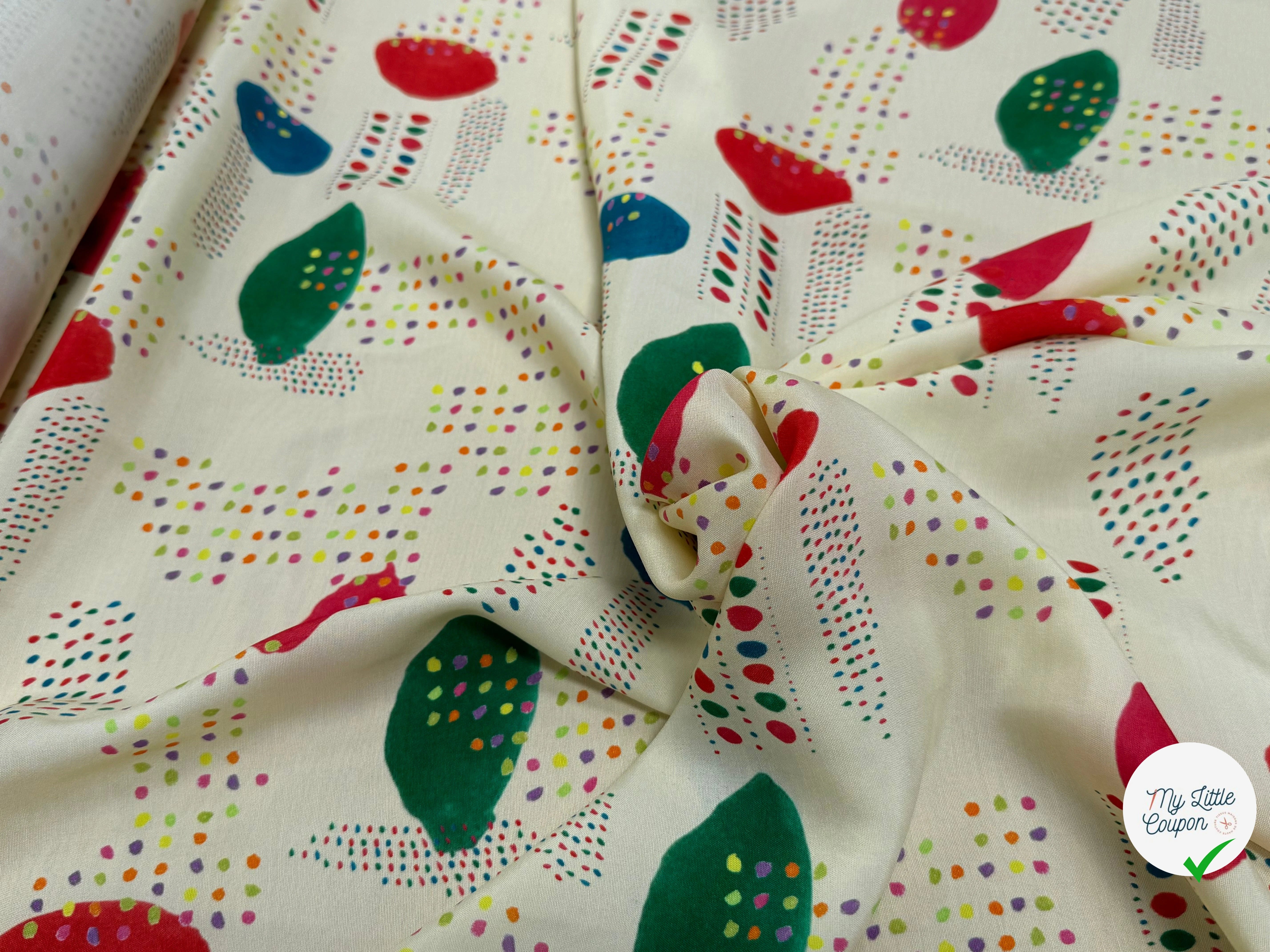 CRÊPE DE VISCOSE ÉCRU IMPRIMÉ POIS MULTICOLORES FANTASY DISPATCH - My Little Coupon