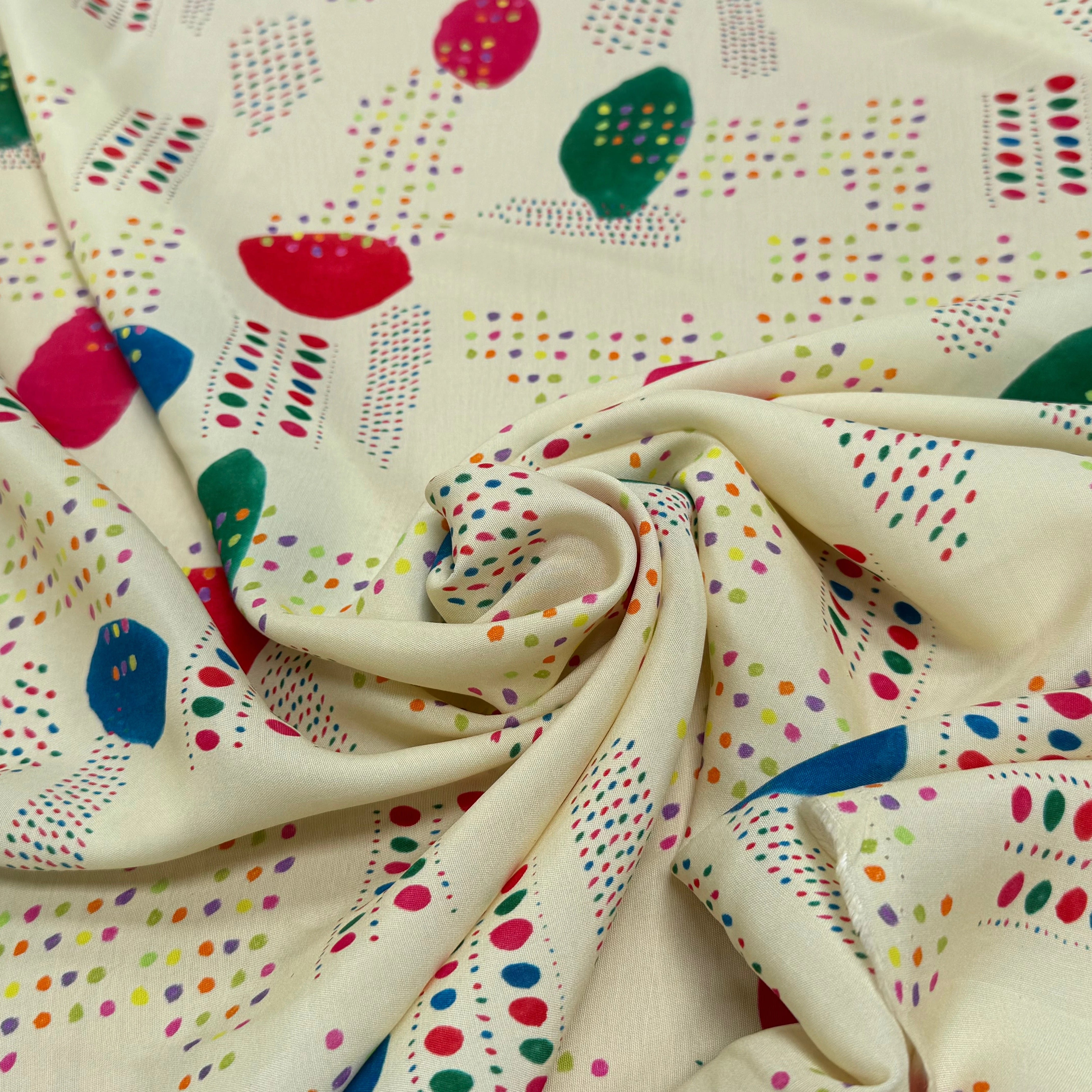 CRÊPE DE VISCOSE ÉCRU IMPRIMÉ POIS MULTICOLORES FANTASY DISPATCH - My Little Coupon