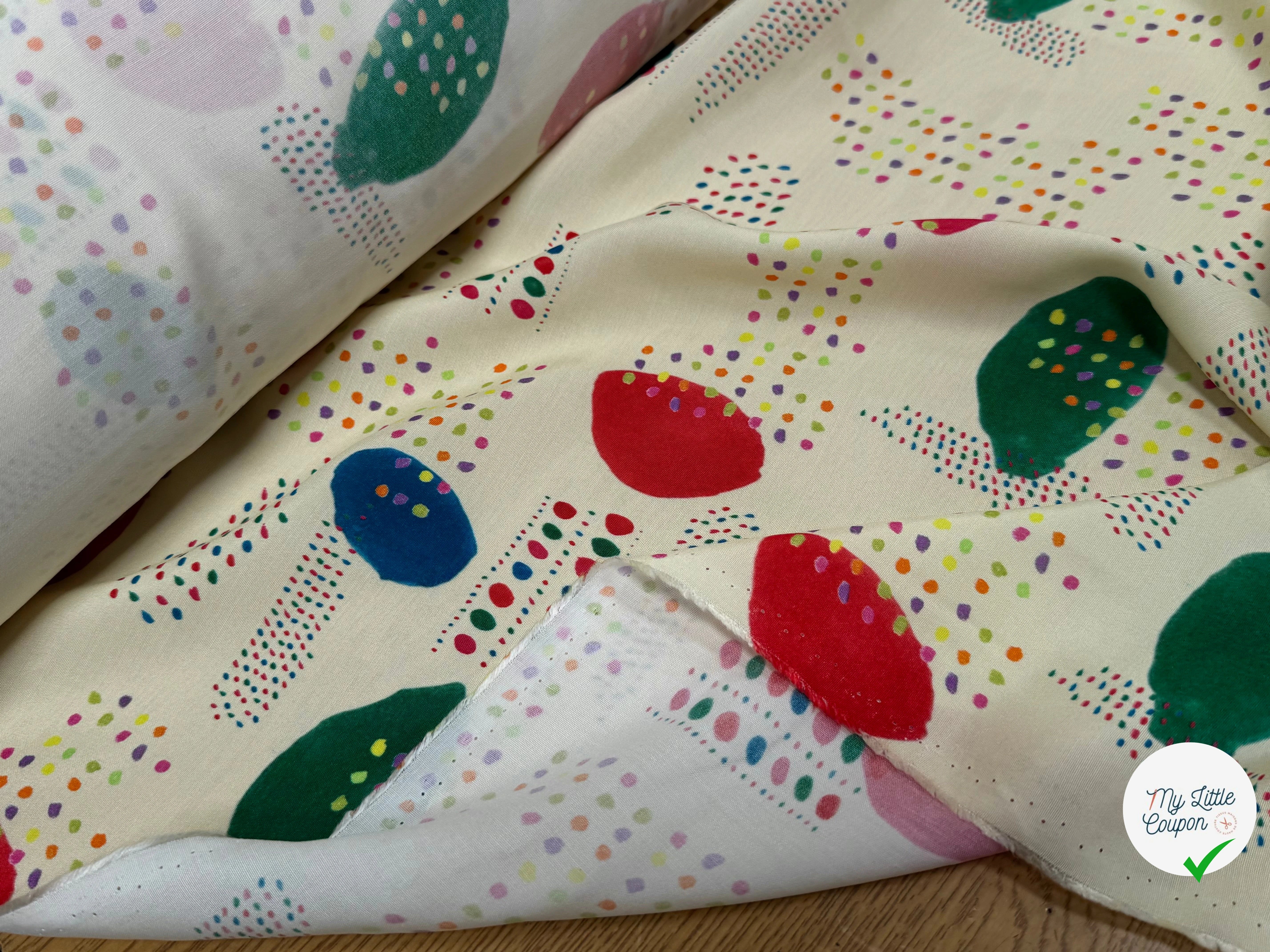 CRÊPE DE VISCOSE ÉCRU IMPRIMÉ POIS MULTICOLORES FANTASY DISPATCH - My Little Coupon