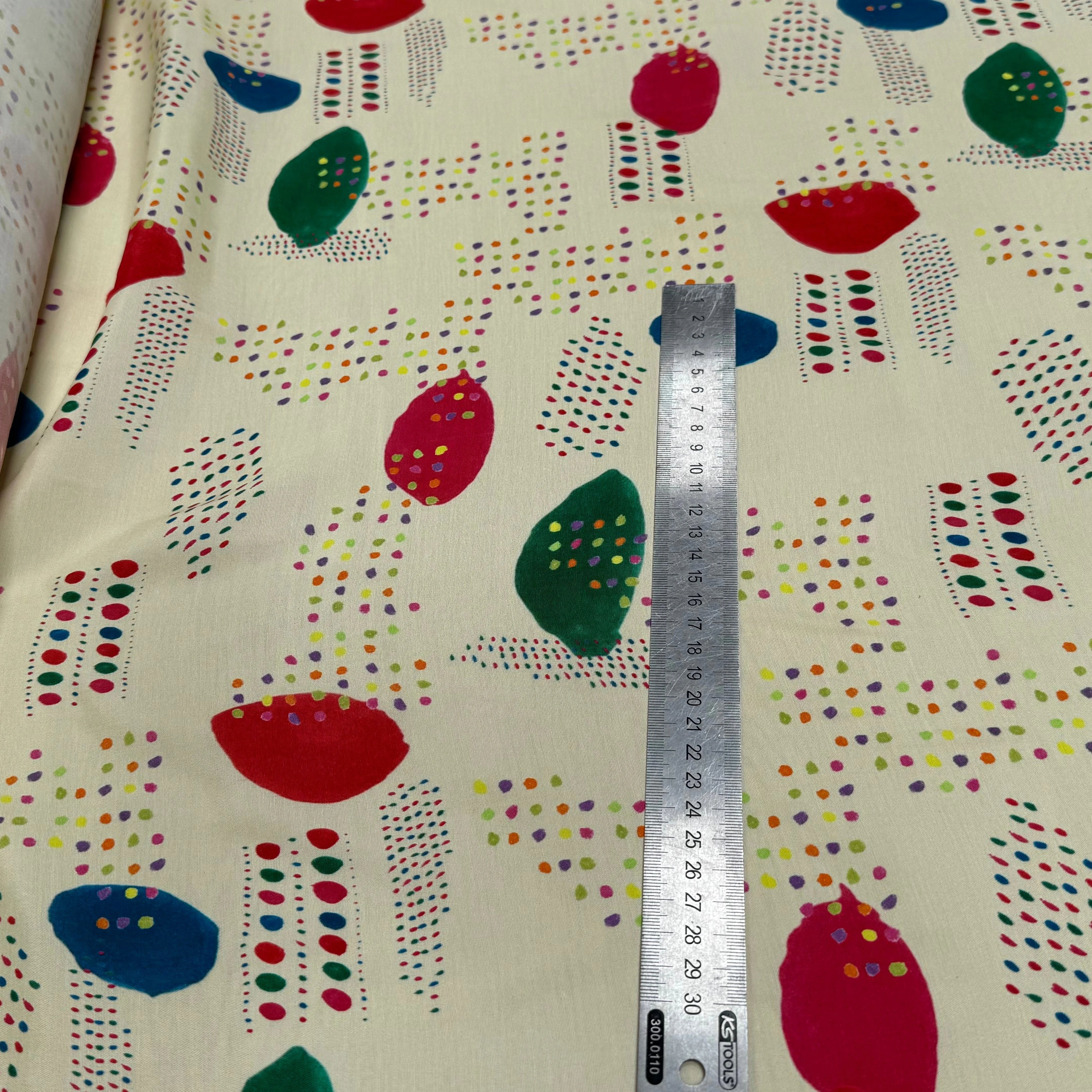 CRÊPE DE VISCOSE ÉCRU IMPRIMÉ POIS MULTICOLORES FANTASY DISPATCH - My Little Coupon