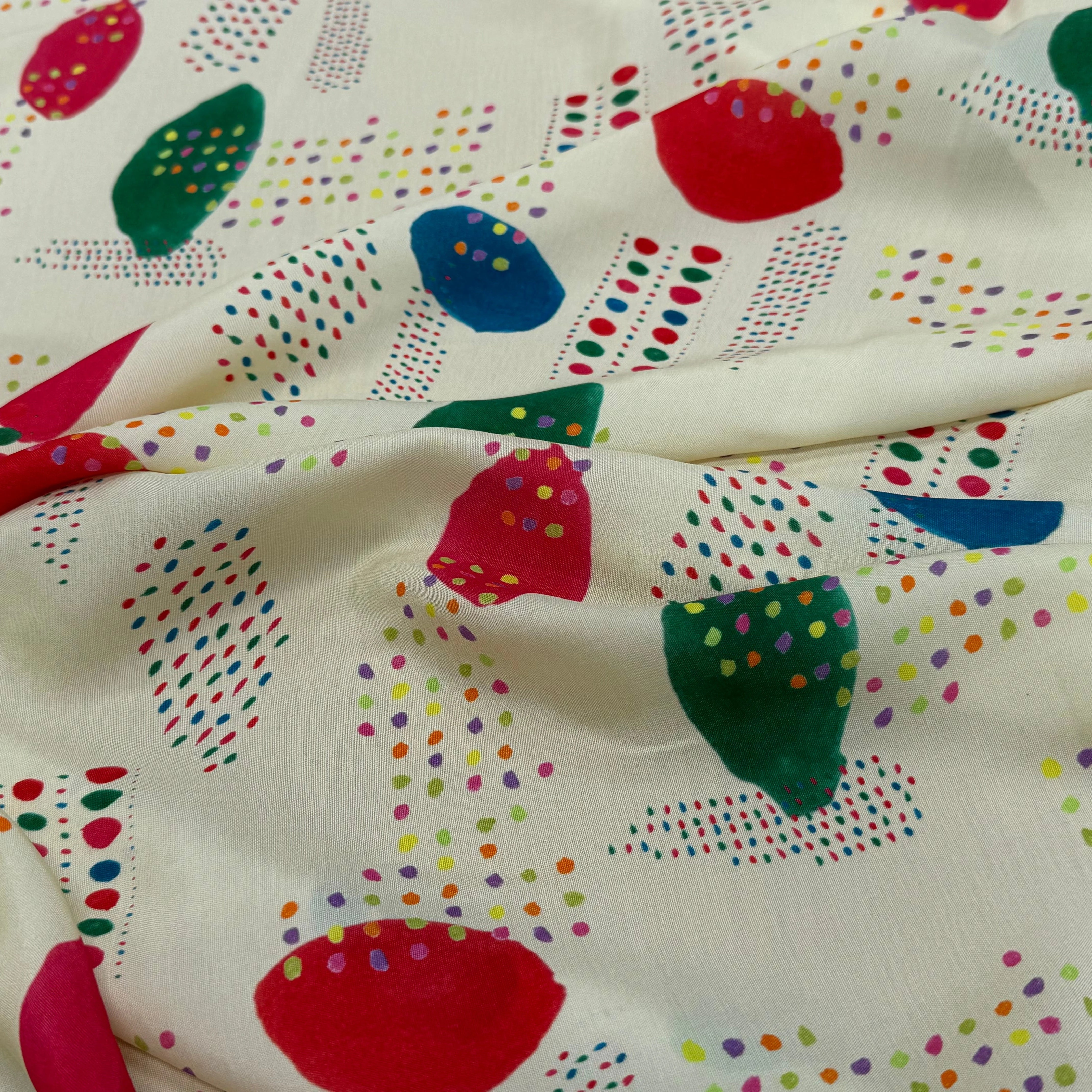 CRÊPE DE VISCOSE ÉCRU IMPRIMÉ POIS MULTICOLORES FANTASY DISPATCH - My Little Coupon