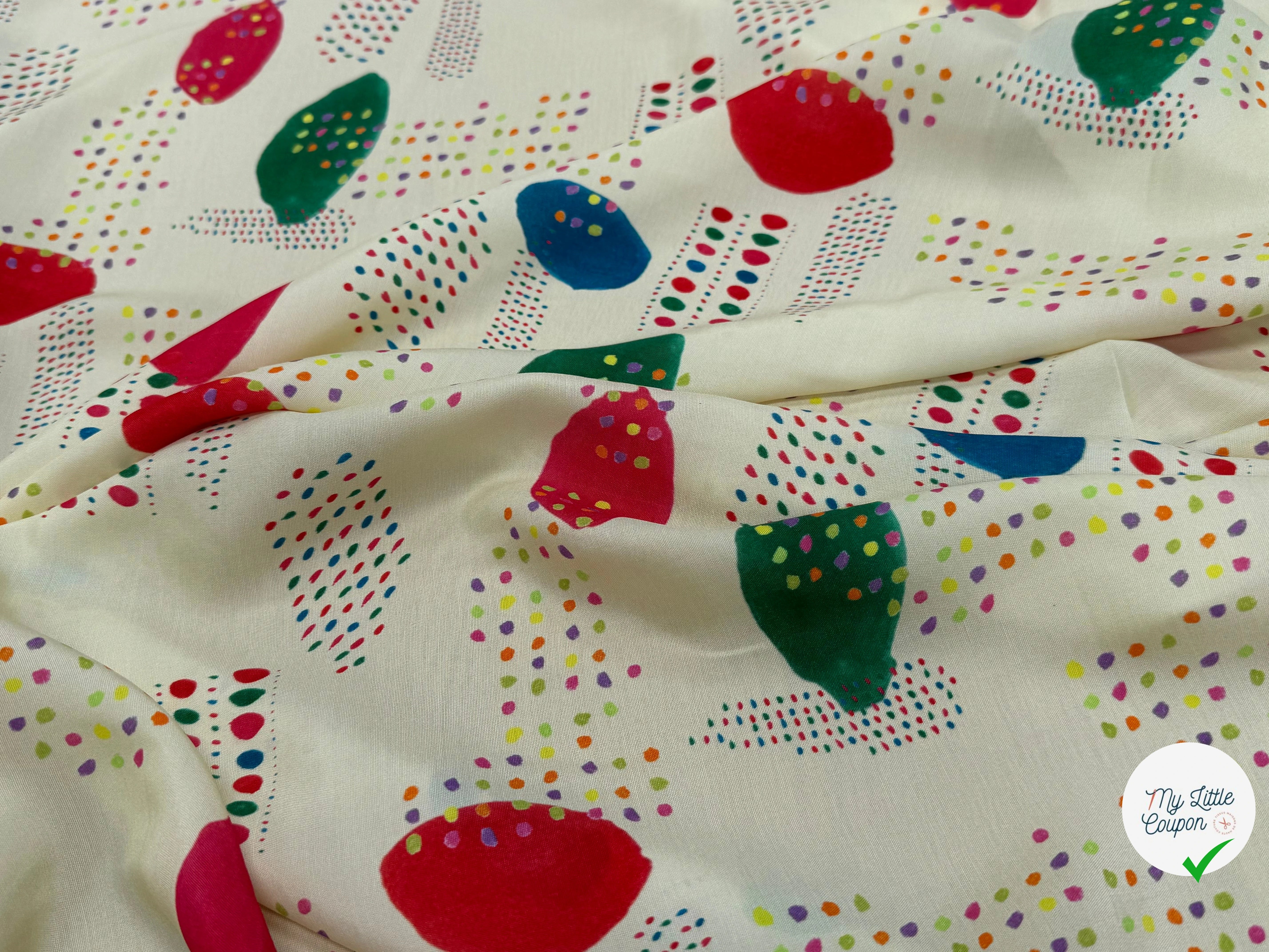 CRÊPE DE VISCOSE ÉCRU IMPRIMÉ POIS MULTICOLORES FANTASY DISPATCH - My Little Coupon