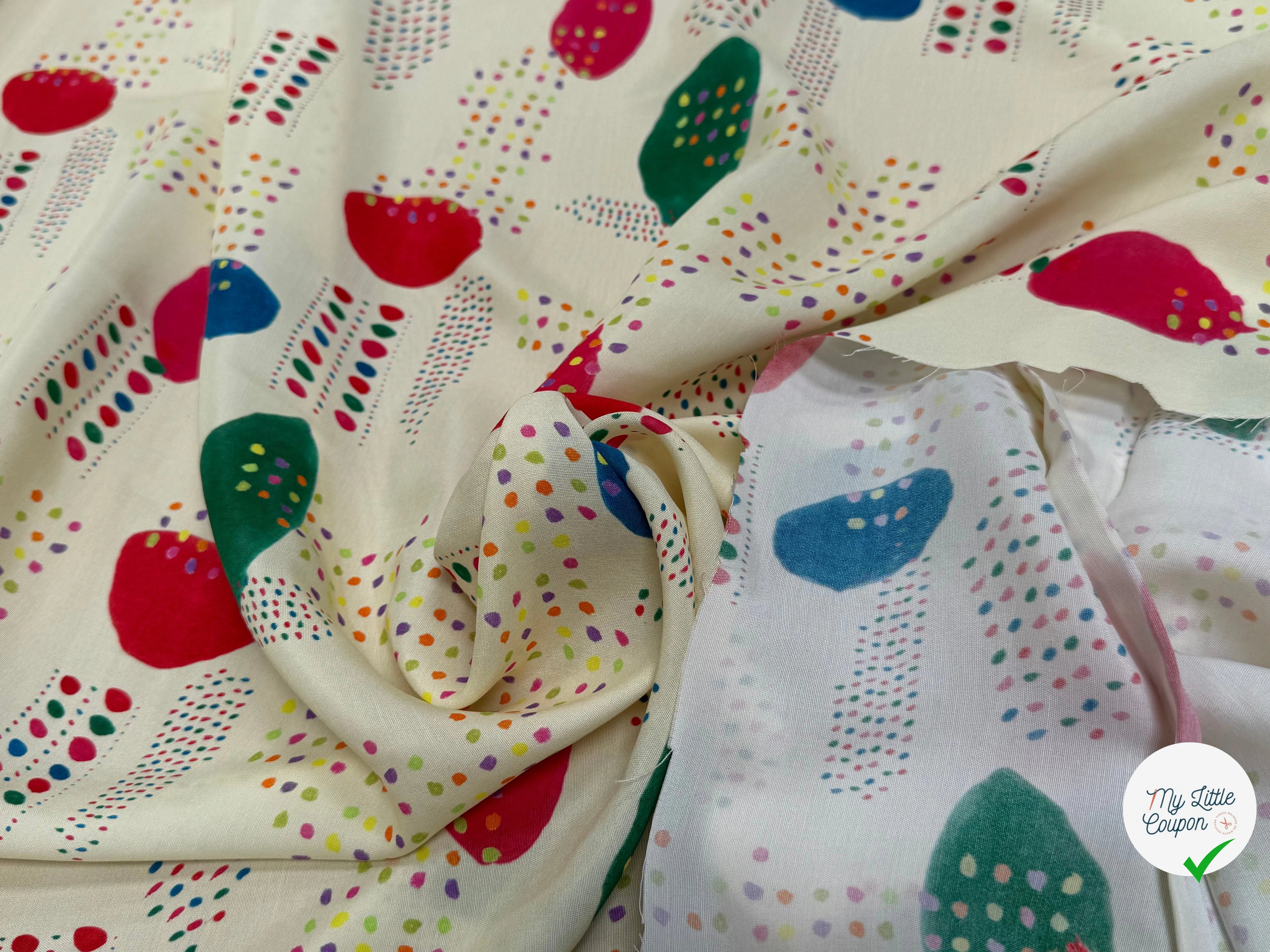 CRÊPE DE VISCOSE ÉCRU IMPRIMÉ POIS MULTICOLORES FANTASY DISPATCH - My Little Coupon