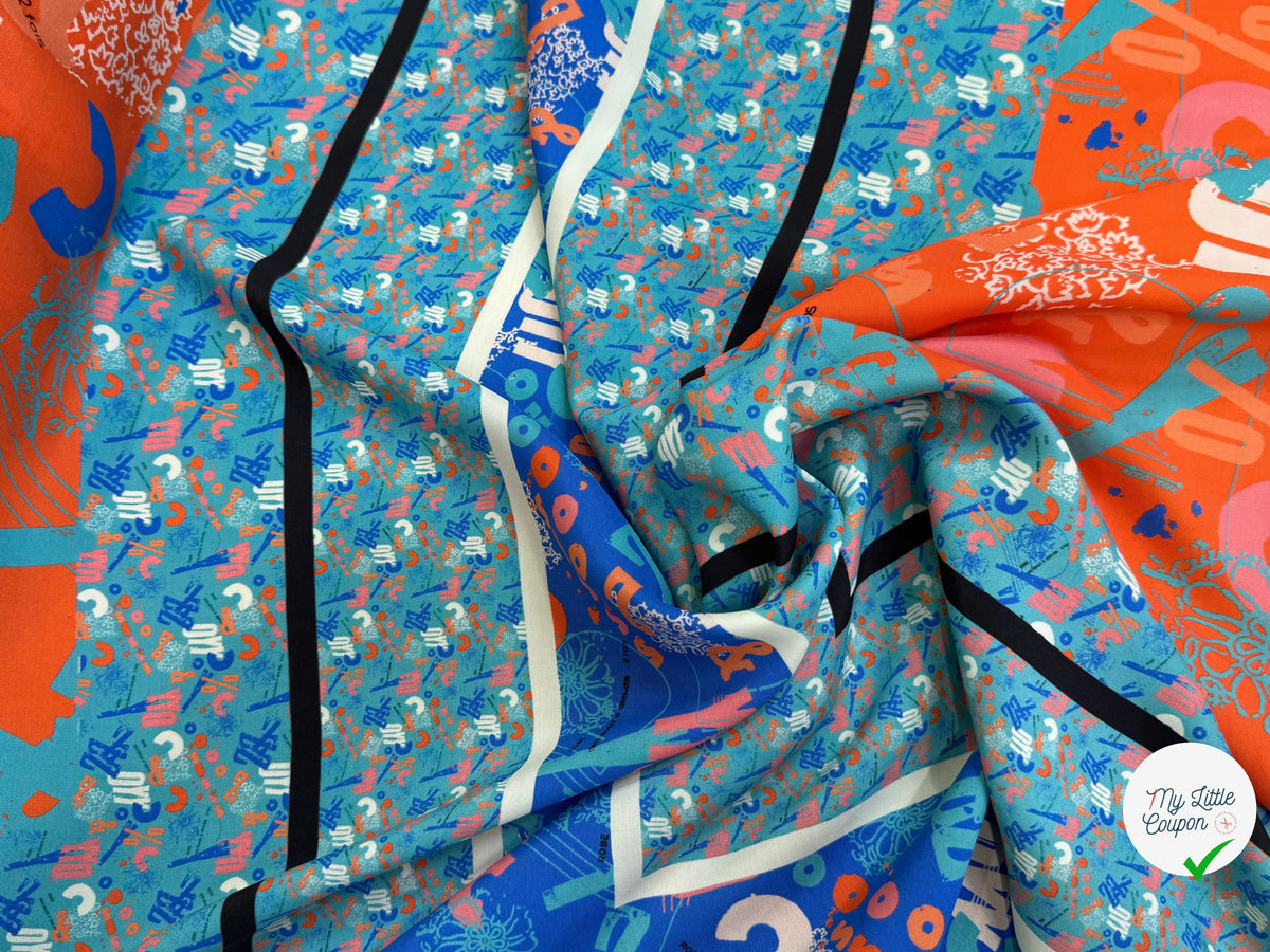 CRÊPE DE VISCOSE FLUIDE IMPRIMÉ TYPOGRAPHIQUE BLEU ET ORANGE FANTASY TYPO ORANGE - My Little Coupon