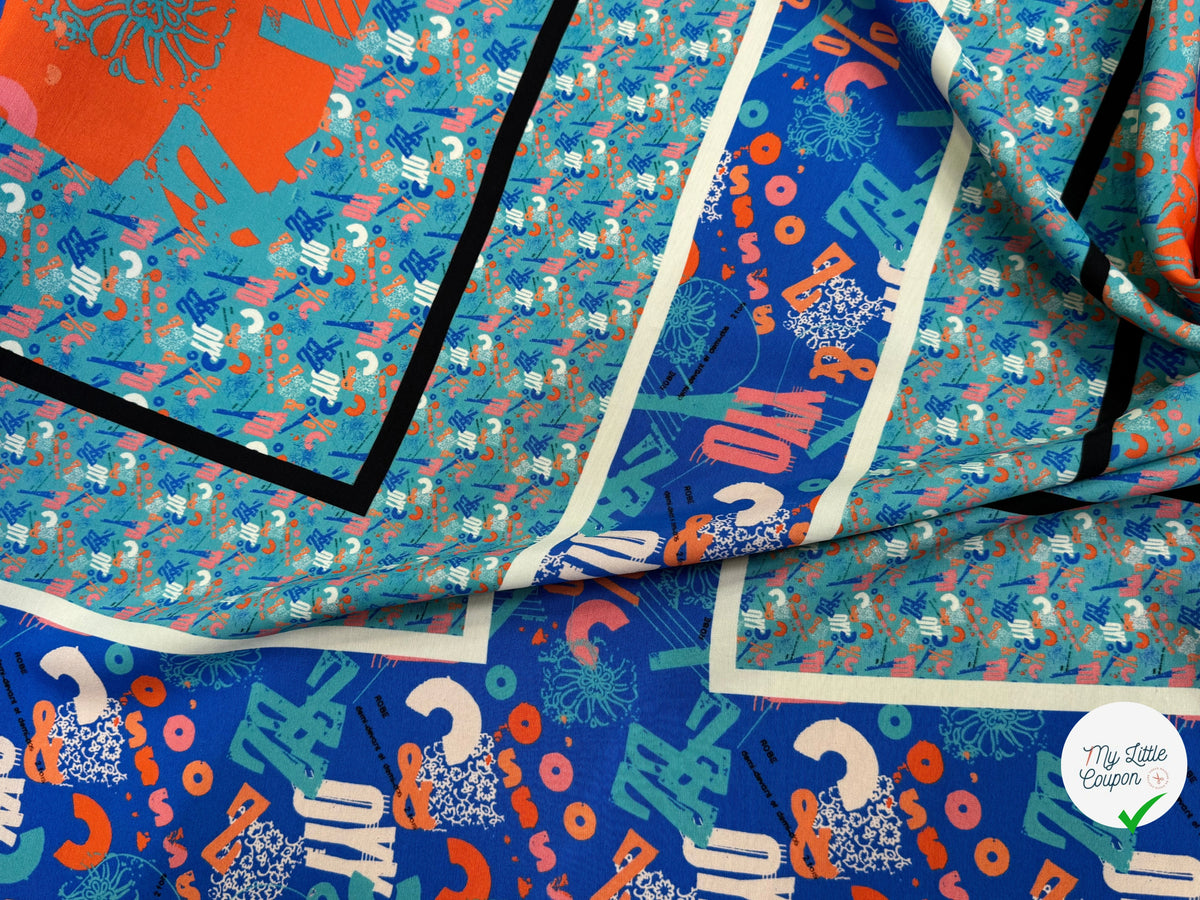 CRÊPE DE VISCOSE FLUIDE IMPRIMÉ TYPOGRAPHIQUE BLEU ET ORANGE FANTASY TYPO ORANGE - My Little Coupon