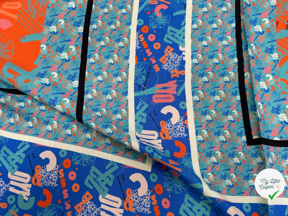 CRÊPE DE VISCOSE FLUIDE IMPRIMÉ TYPOGRAPHIQUE BLEU ET ORANGE FANTASY TYPO ORANGE - My Little Coupon