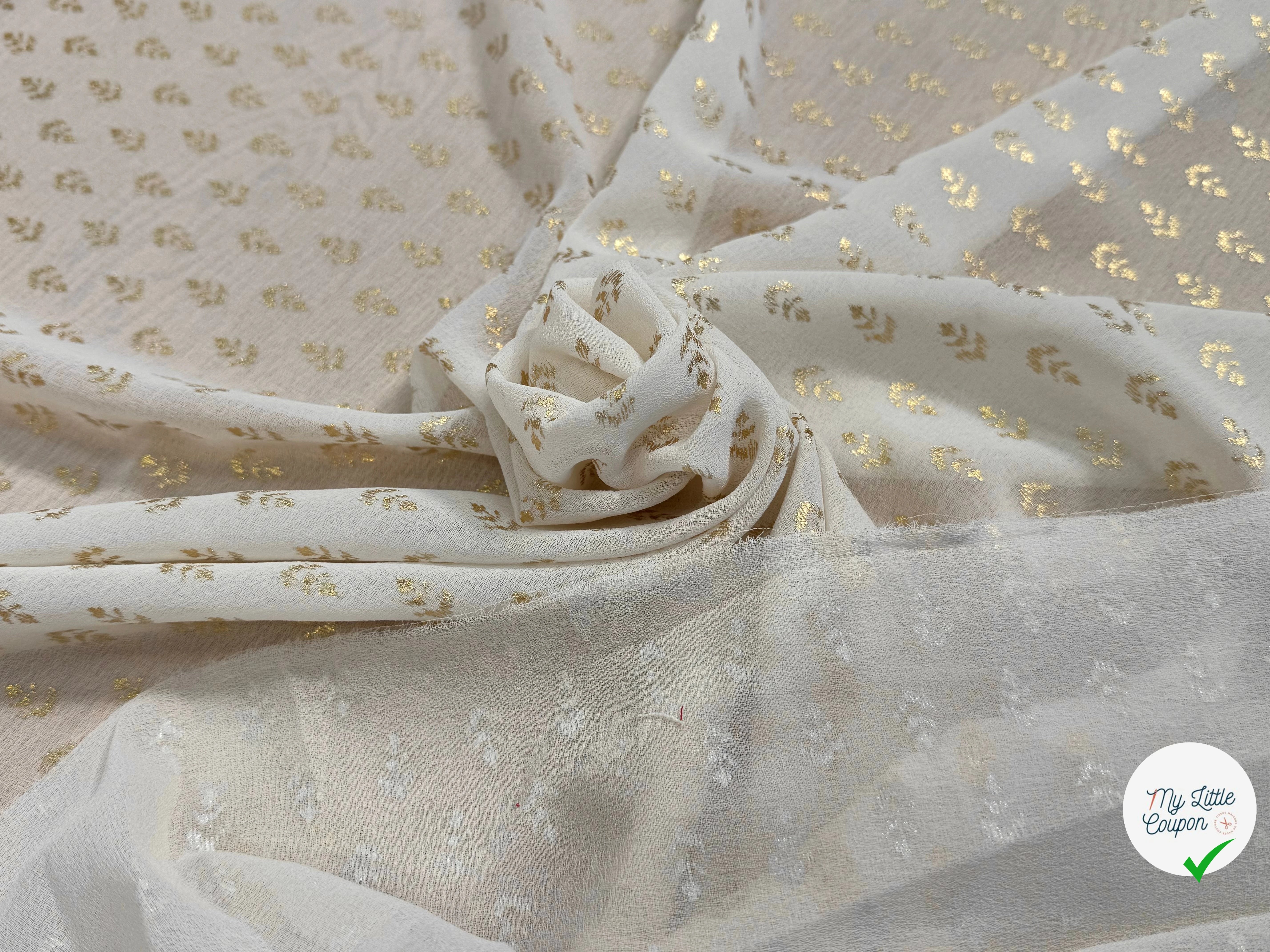 CREPE FLUIDE ÉCRU MOTIF FEUILLAGES OR - My Little Coupon