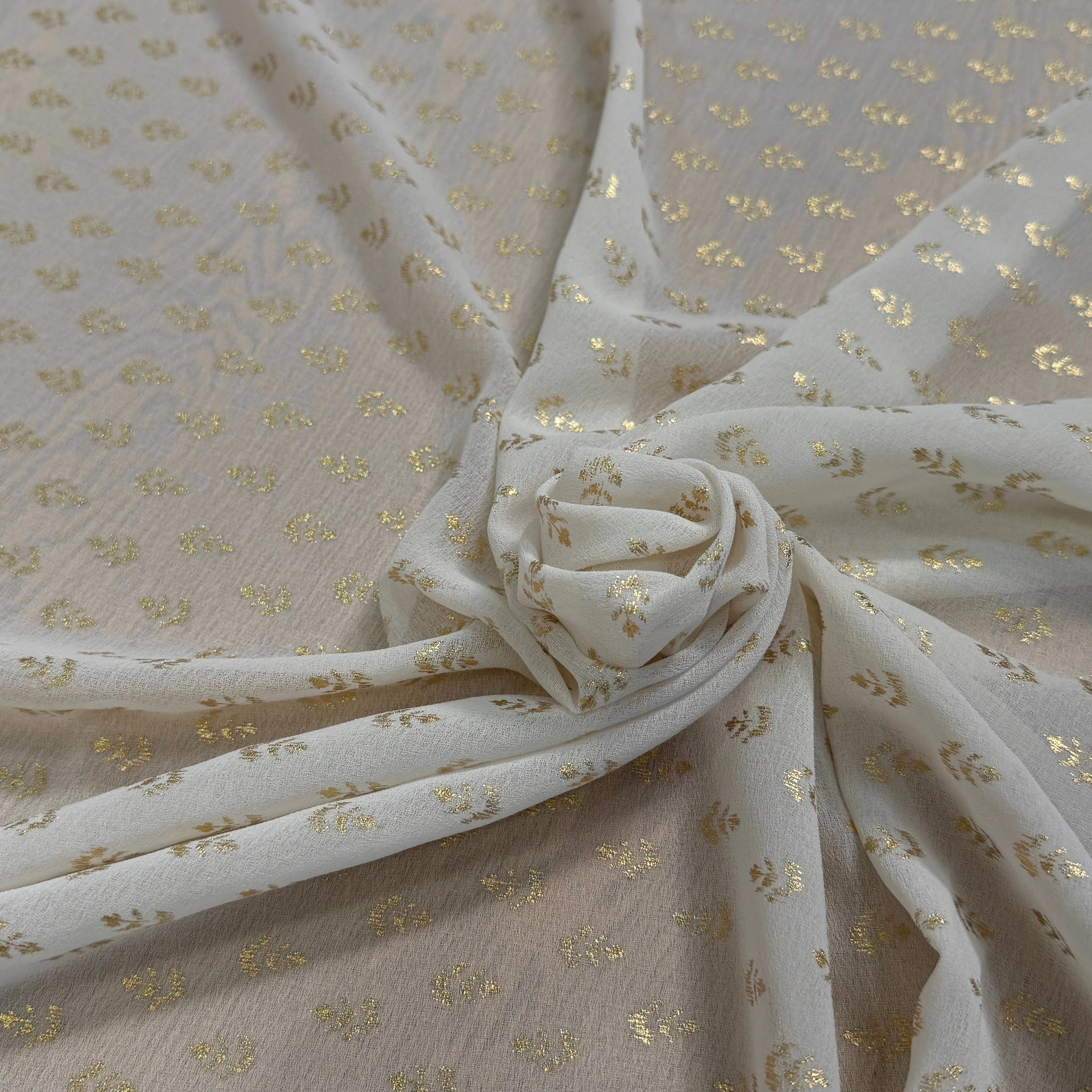 CREPE FLUIDE ÉCRU MOTIF FEUILLAGES OR - My Little Coupon