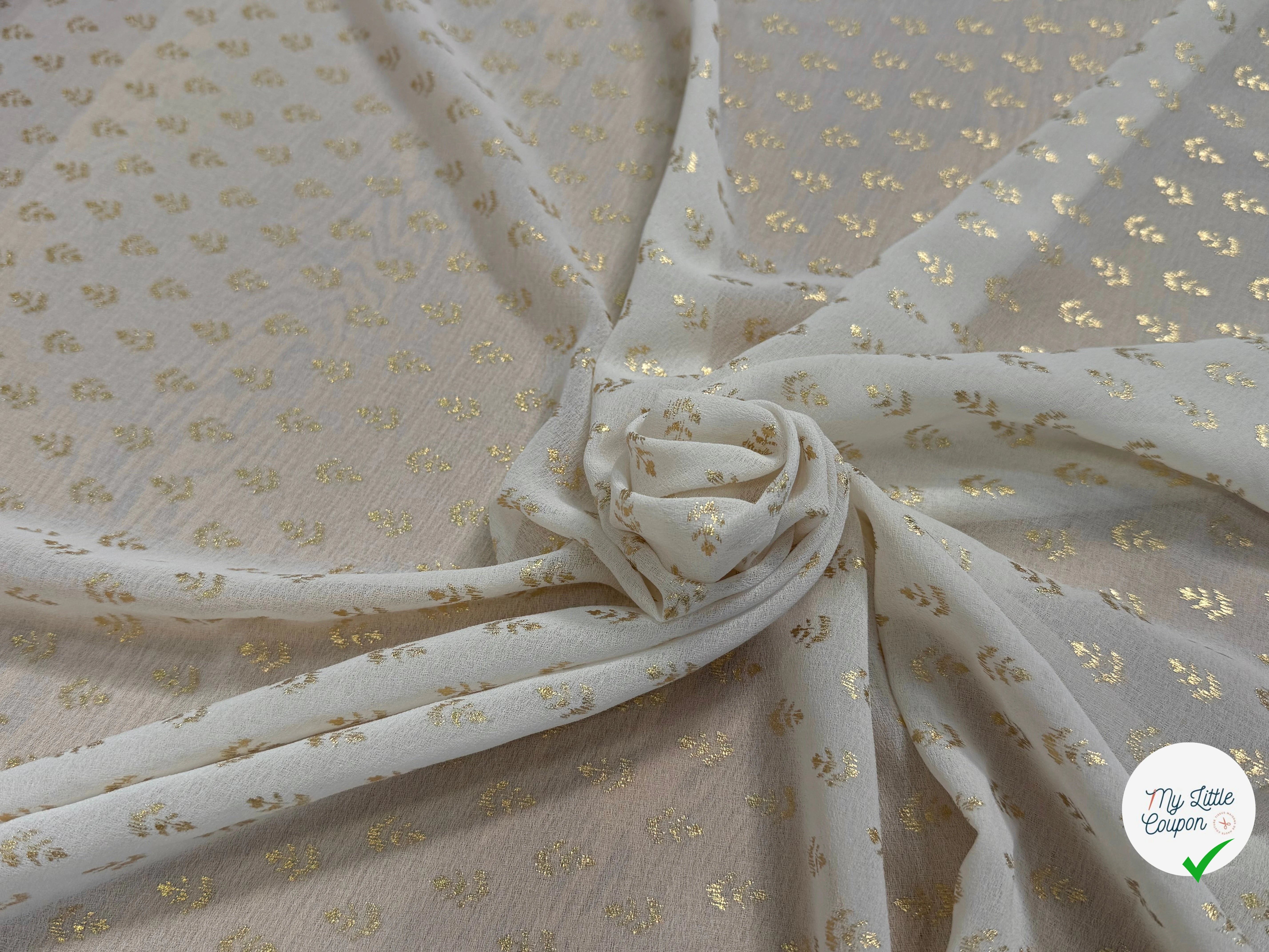 CREPE FLUIDE ÉCRU MOTIF FEUILLAGES OR - My Little Coupon