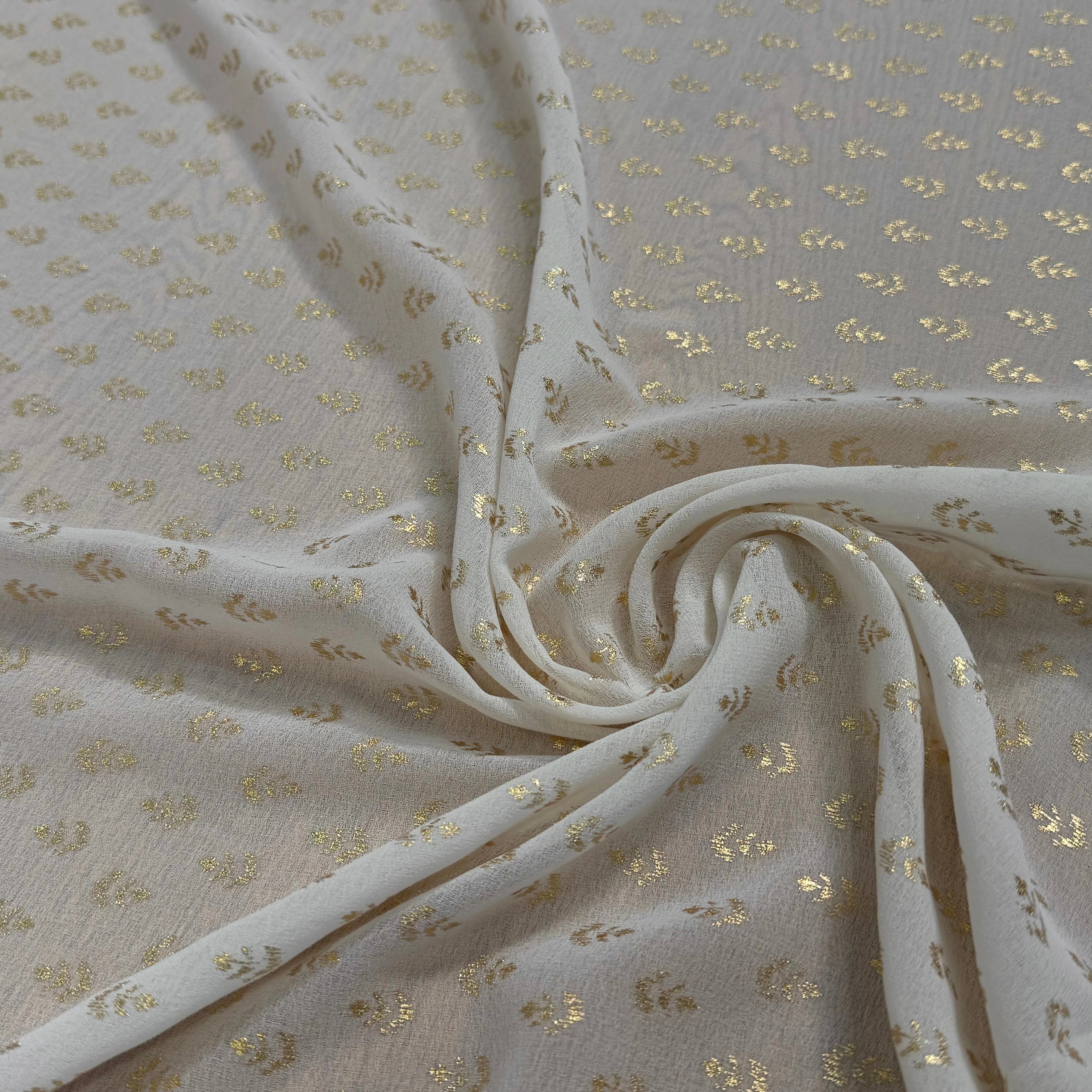 CREPE FLUIDE ÉCRU MOTIF FEUILLAGES OR - My Little Coupon