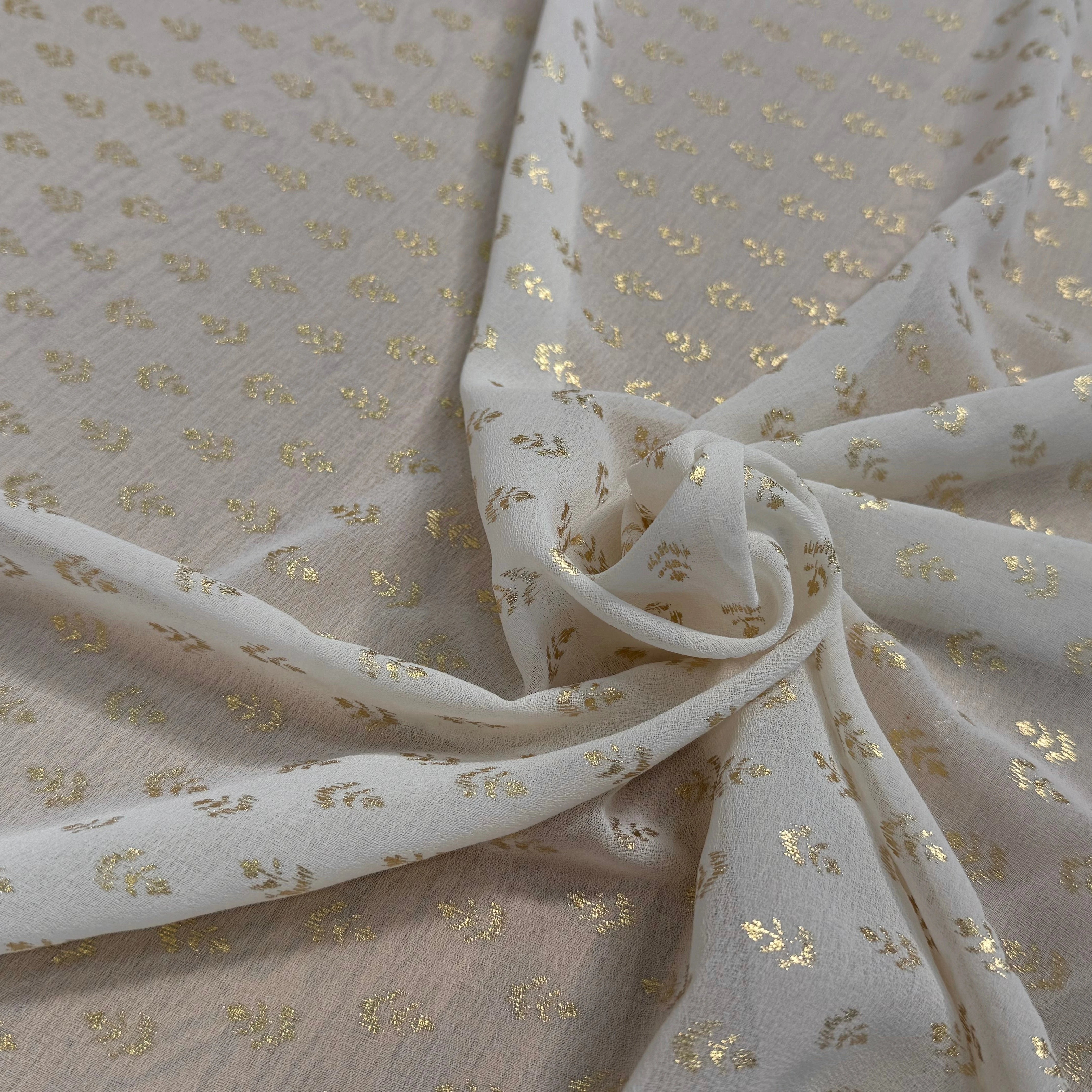 CREPE FLUIDE ÉCRU MOTIF FEUILLAGES OR - My Little Coupon