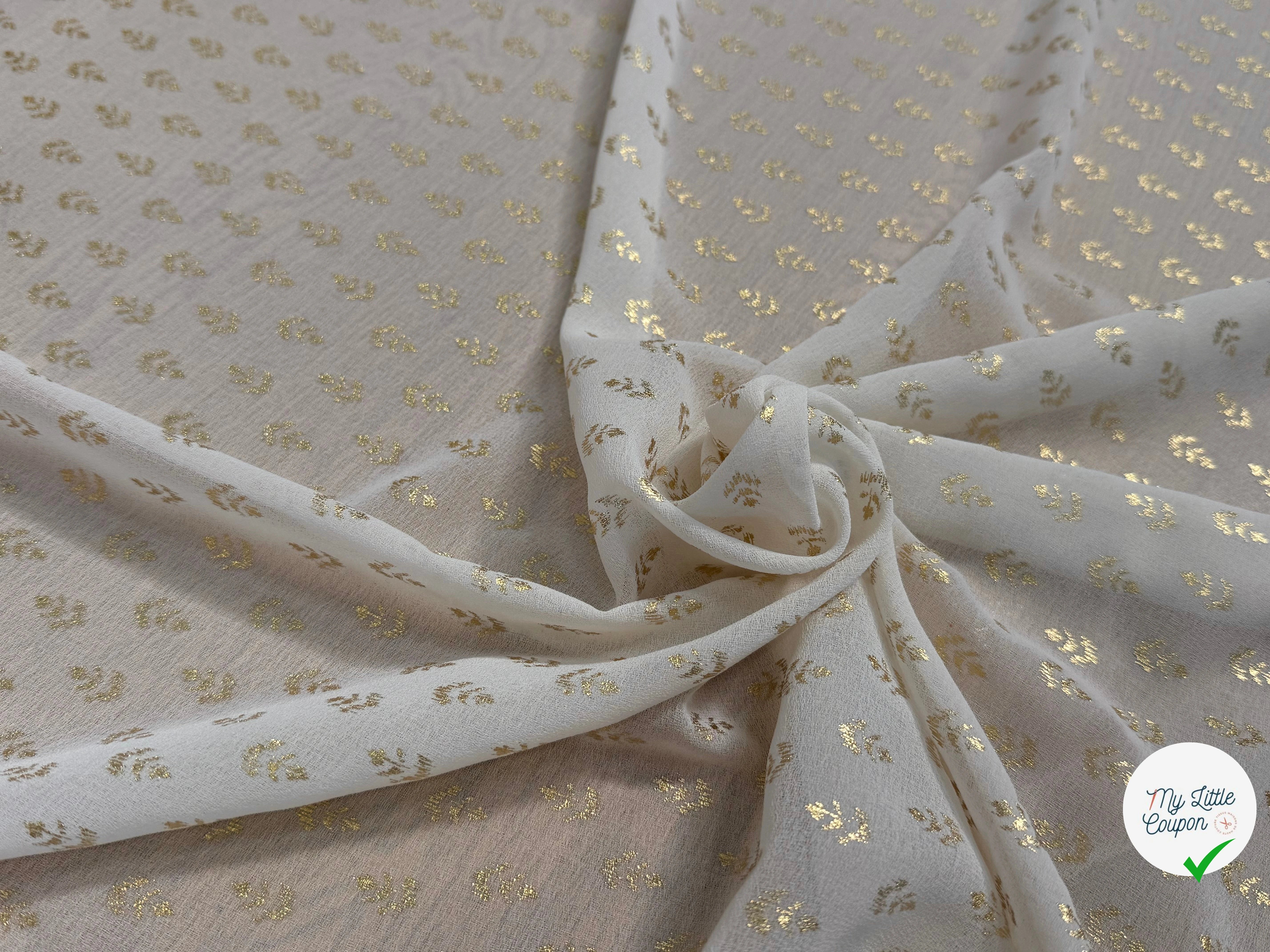 CREPE FLUIDE ÉCRU MOTIF FEUILLAGES OR - My Little Coupon