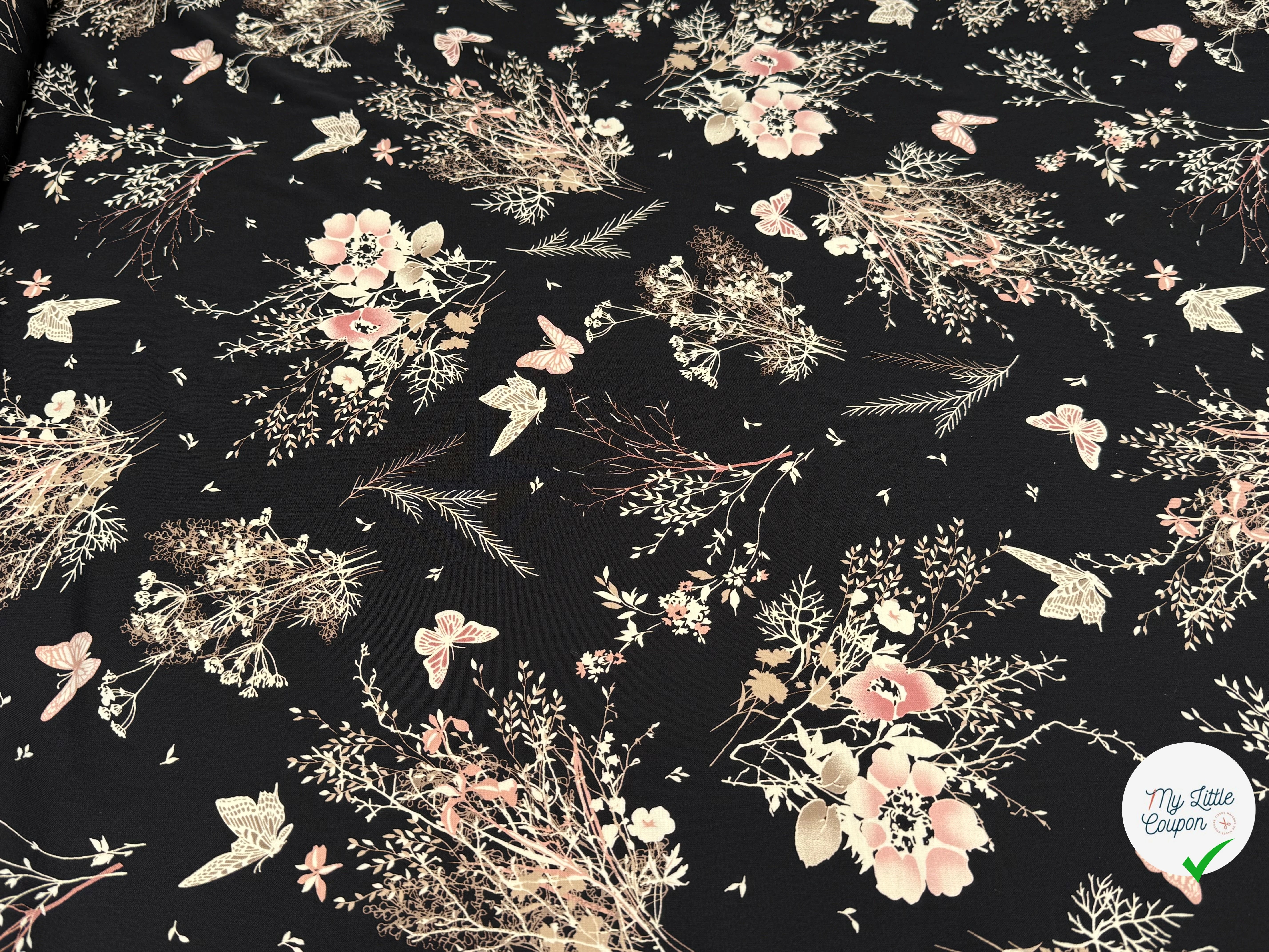 CREPE FLUIDE FOND NOIR MOTIFS FLORAUX PAPILLONS - My Little Coupon
