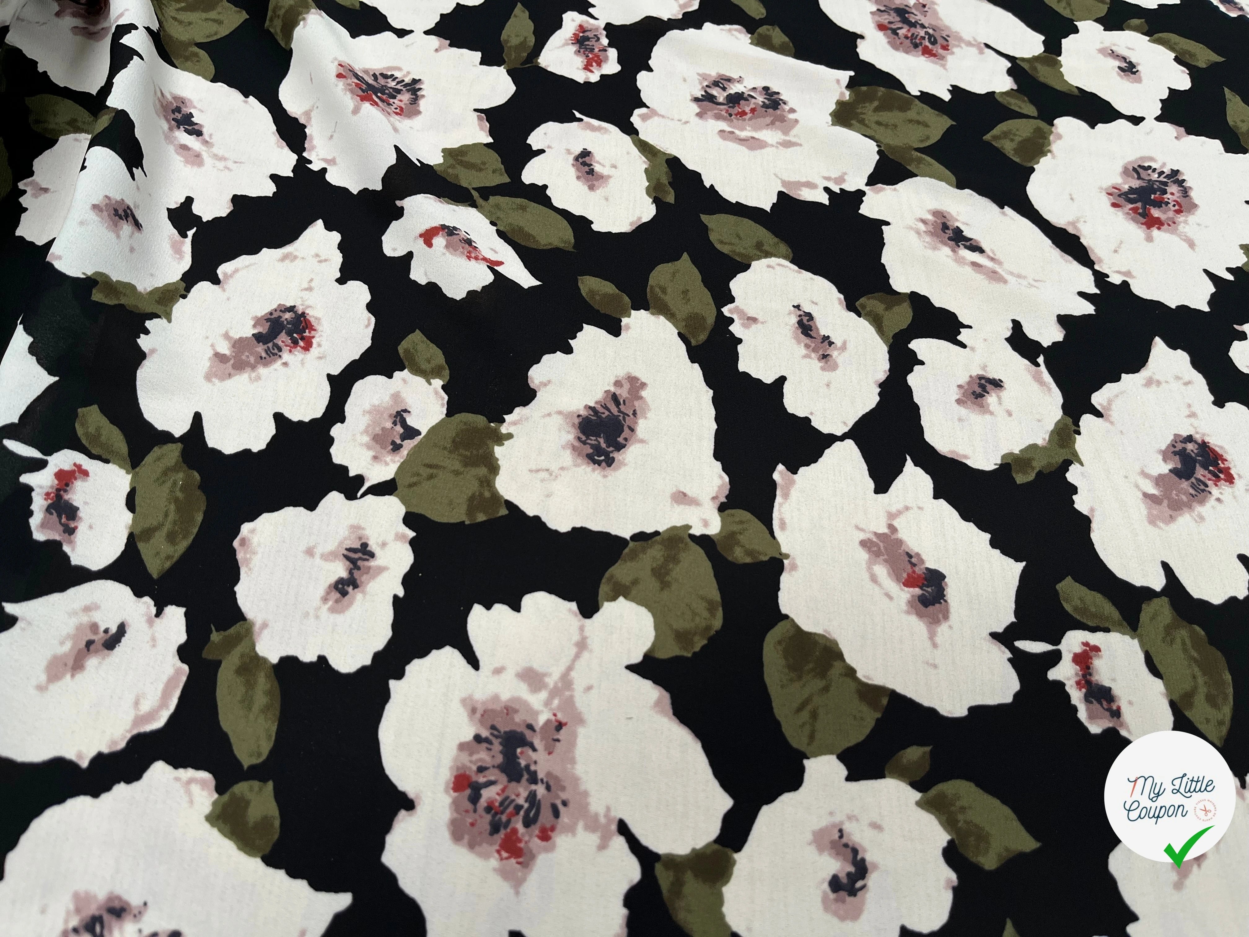 CREPE FLUIDE IMPRIMÉ GROSSES FLEURES SUR FOND NOIR - My Little Coupon