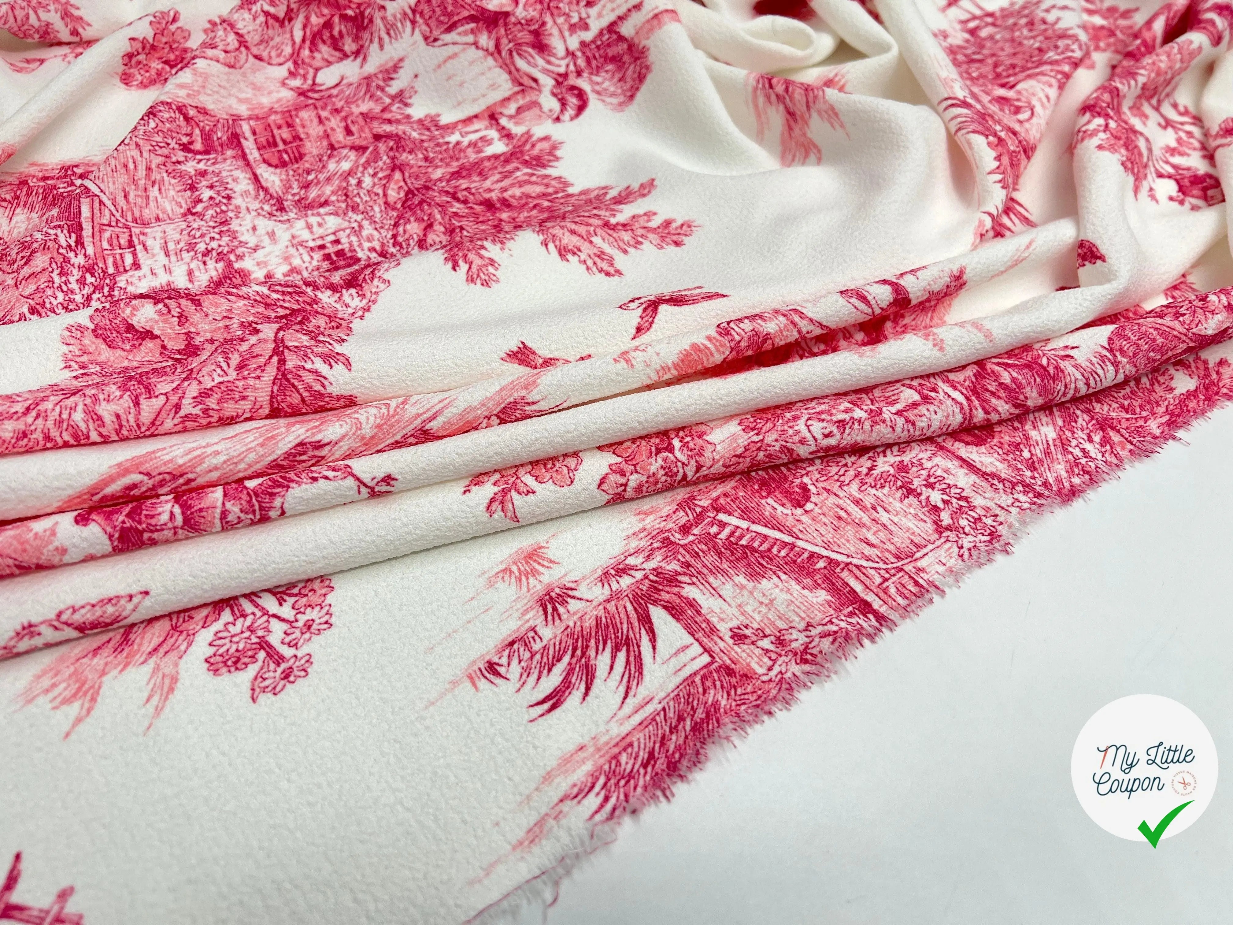 CRÊPE GAUFRÉ BLANC CASSÉ TOILE DE JOUY ROSE MERVEILLEUX - My Little Coupon - tissu - coudre