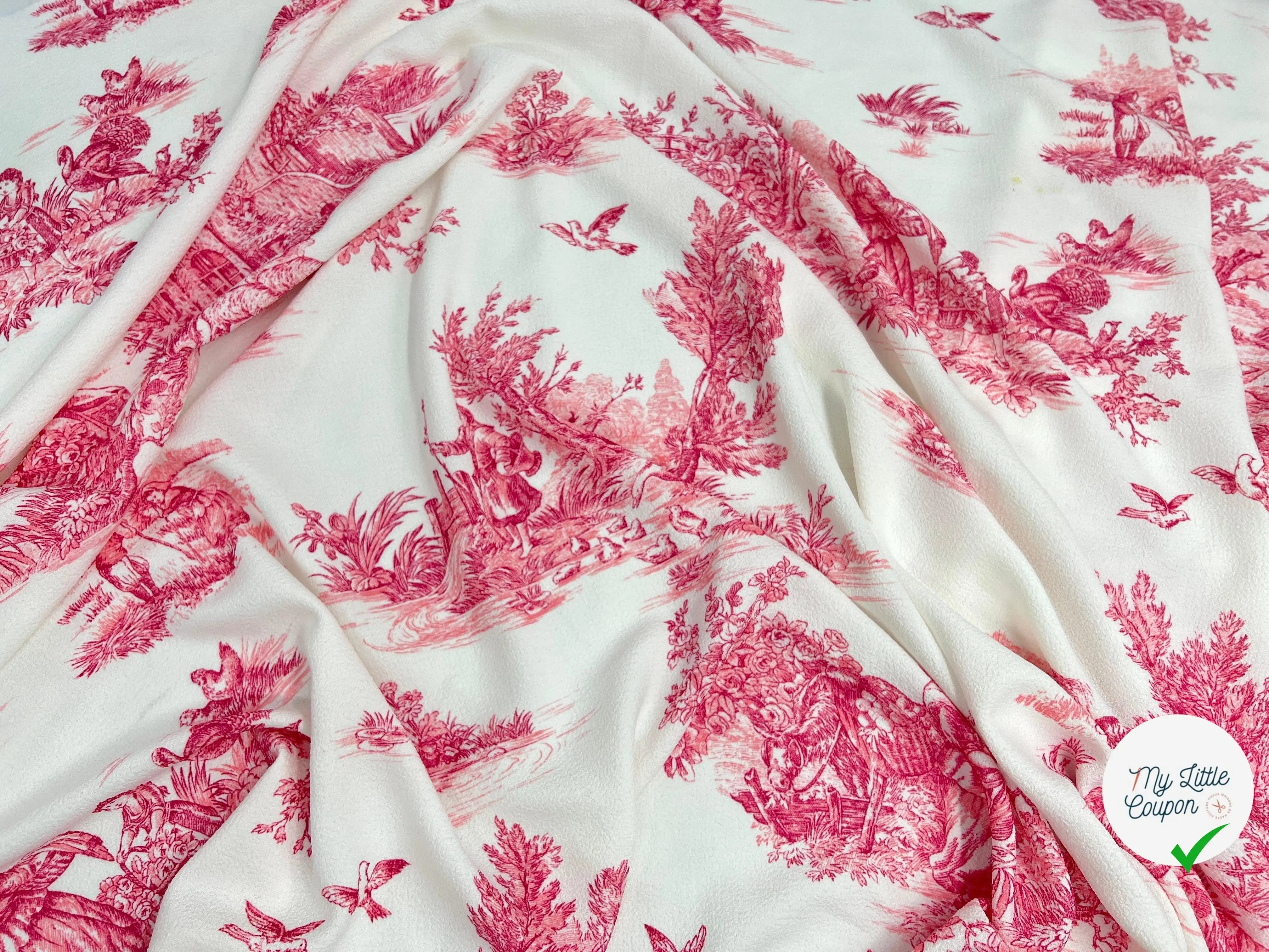 CRÊPE GAUFRÉ BLANC CASSÉ TOILE DE JOUY ROSE MERVEILLEUX - My Little Coupon - tissu - coudre