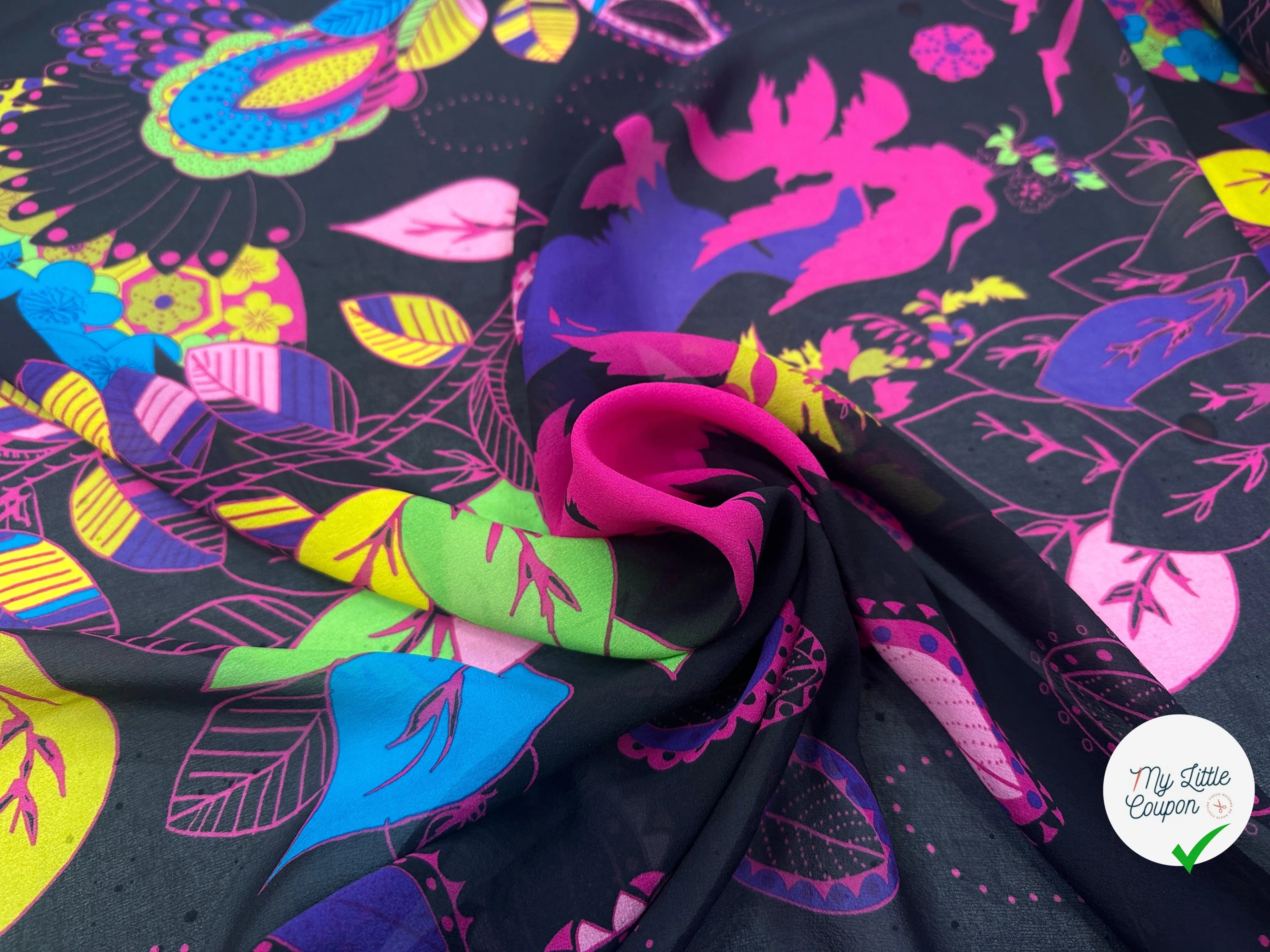 CREPE GEORGETTE SOIE FIORI PSICHEDELICI SU SFONDO NERO MLC INTERN