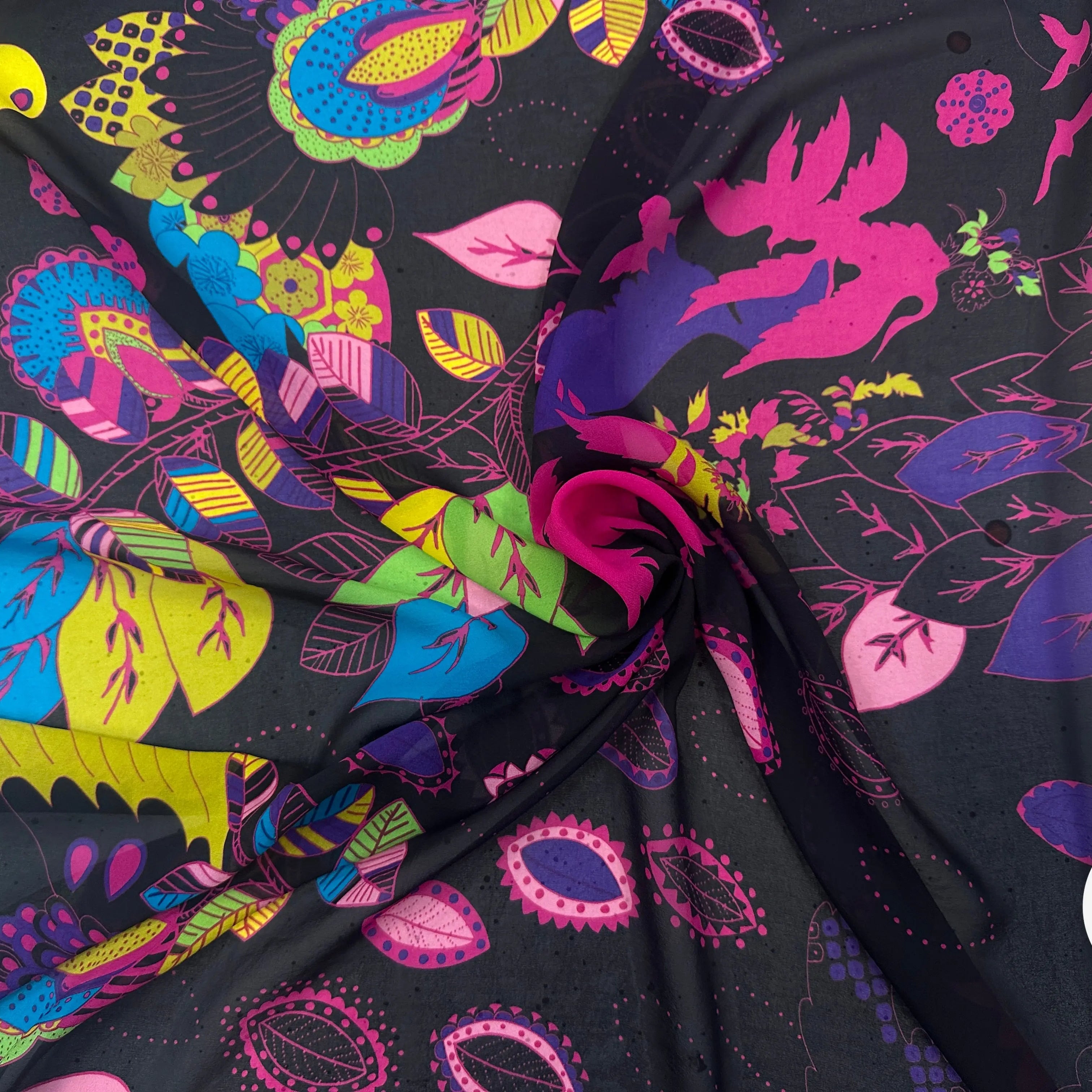 CREPE GEORGETTE SOIE FIORI PSICHEDELICI SU SFONDO NERO MLC INTERN