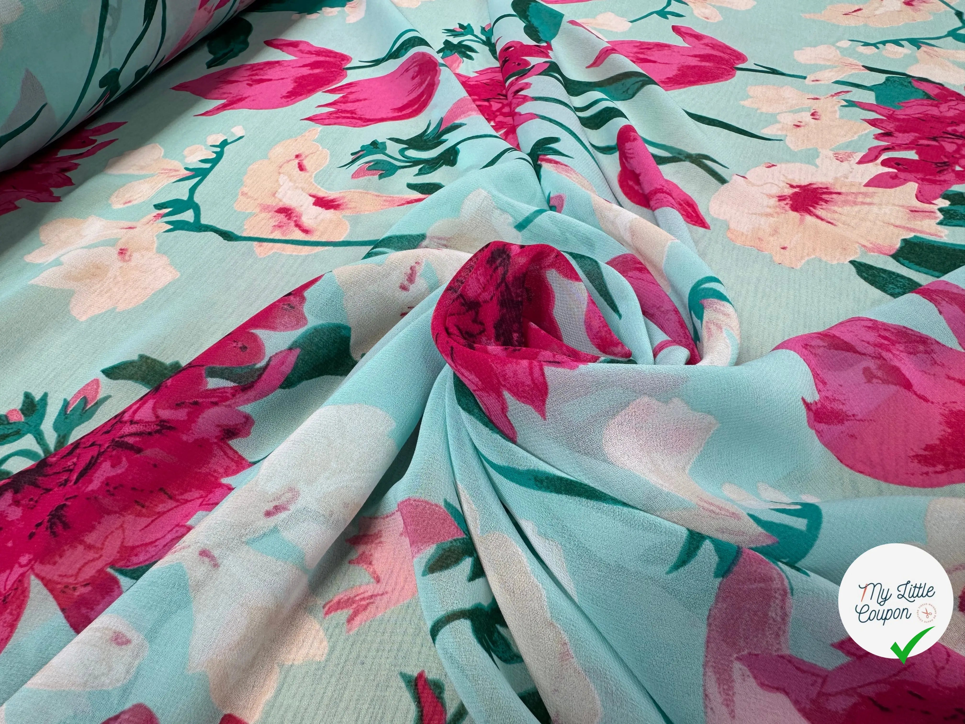 CREPE GOERGETTE FOND BLEU MOTIFS FLEURS ROSE - My Little Coupon